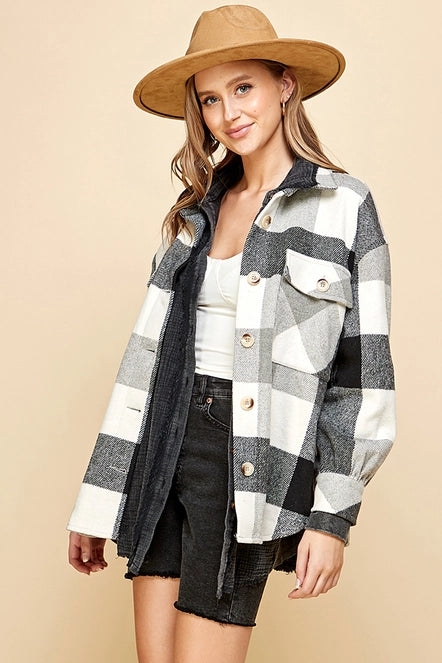 Black/Ivory Plaid Button Down Lined Shacket - Posh West Boutique