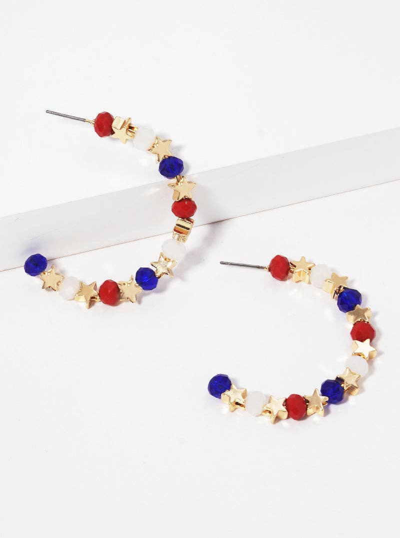 40mm Star And Faceted Beaded USA Open Hoop Earrinigs - Posh West Boutique