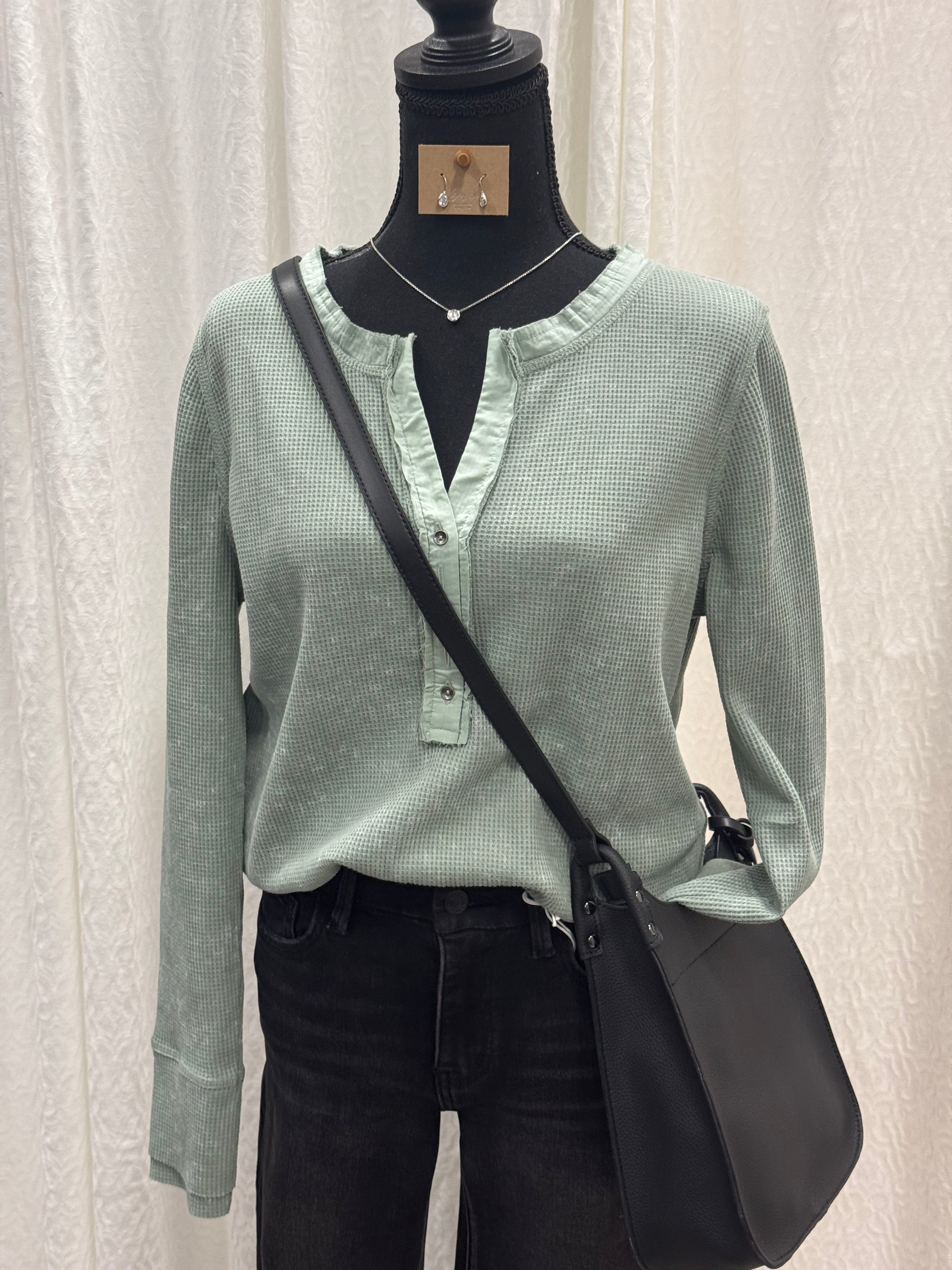 Smoke Green Casual V Neck Waffle Knit Top