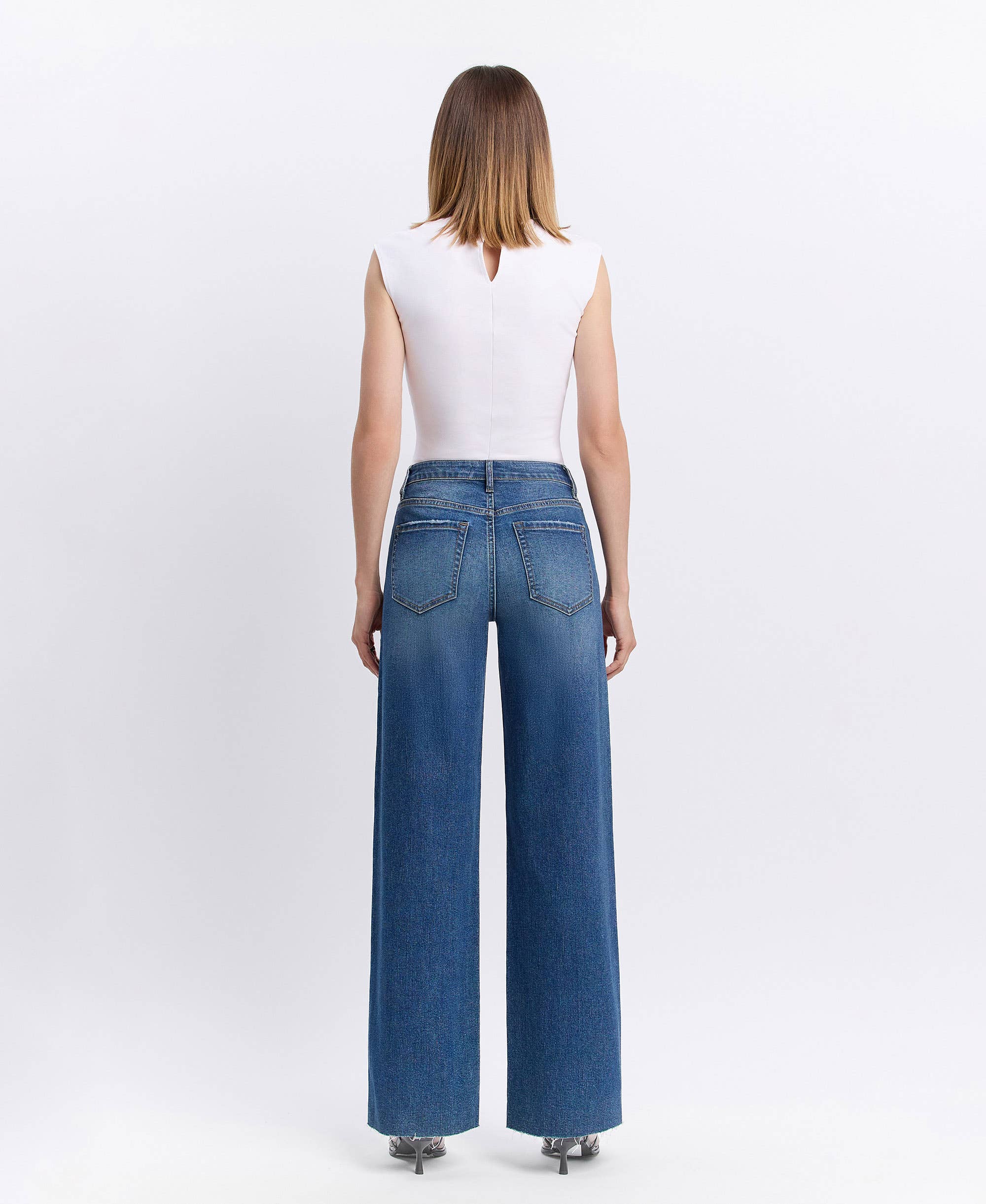 Vervet Wide Leg High Rise Clean Cut Raw Hem Jeans
