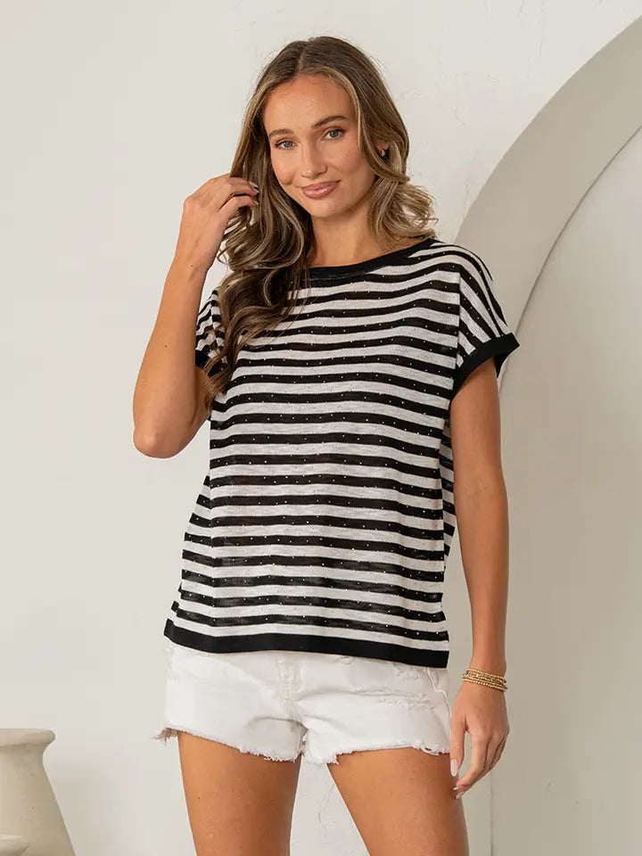 Black/White Short Sleeve Stripe Top - Posh West Boutique