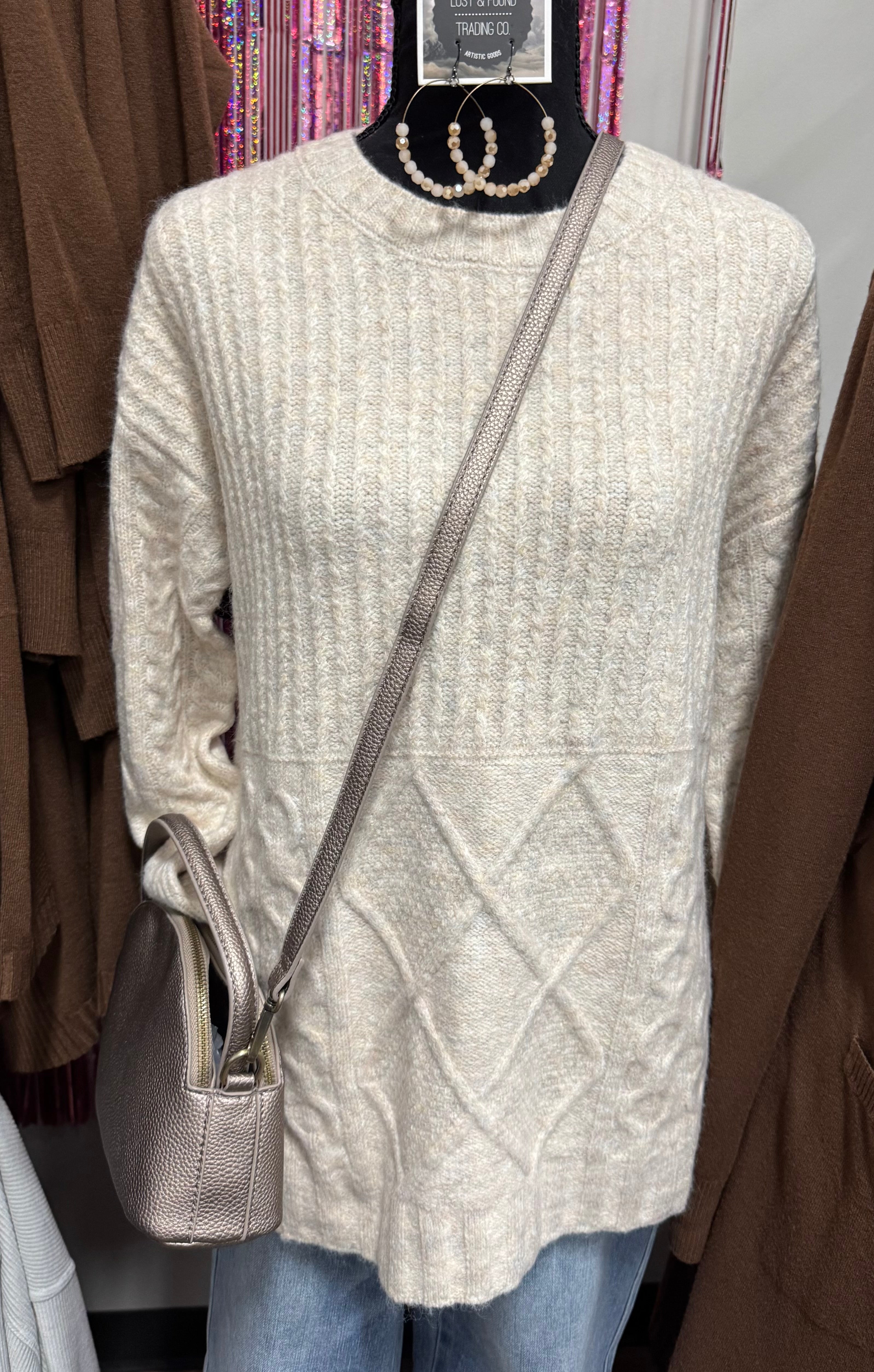 Oatmeal Crew Neck Rib Top Cable Bottom Sweater