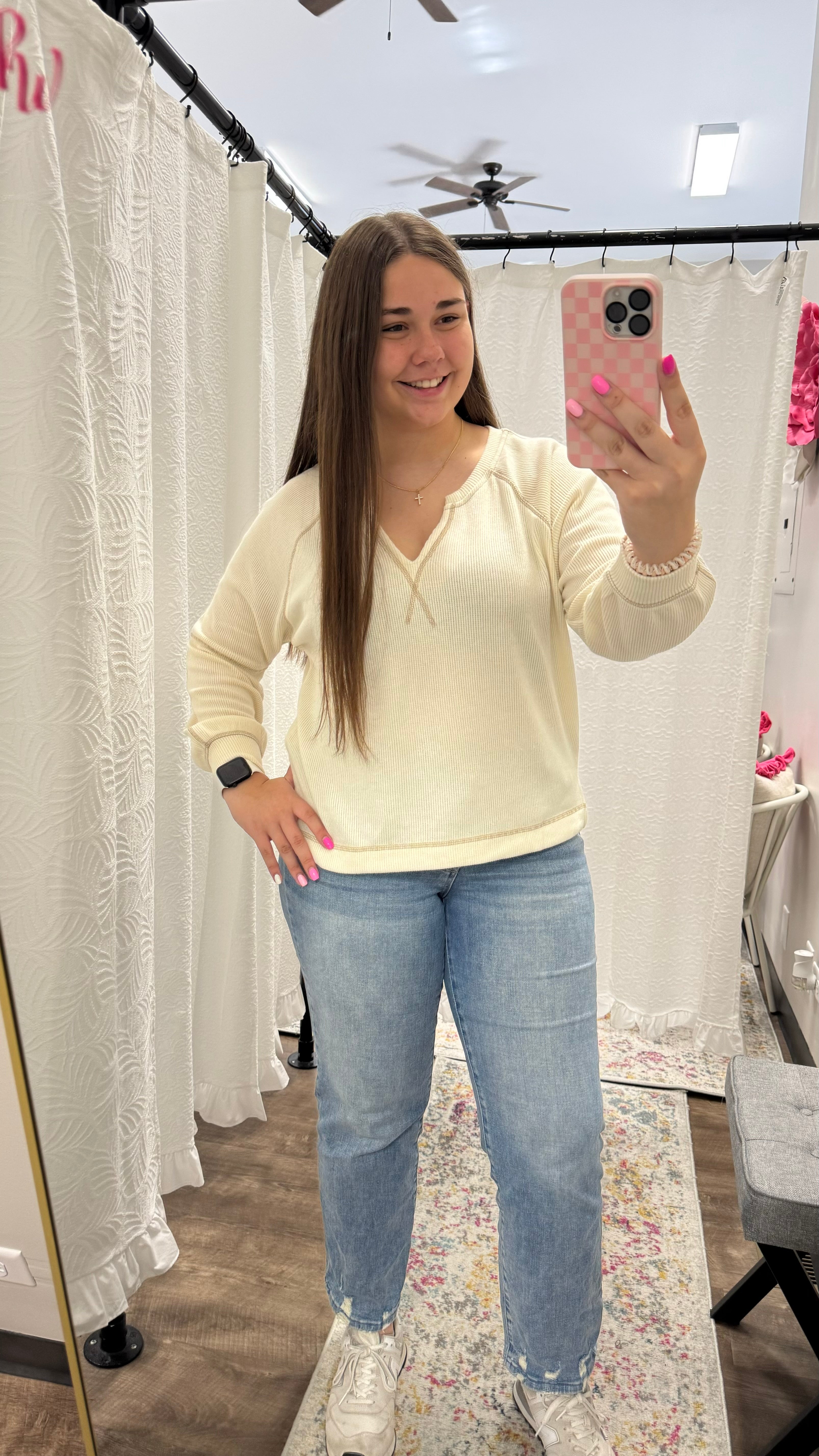 Cream Split Neck Long Sleeve Knit Top