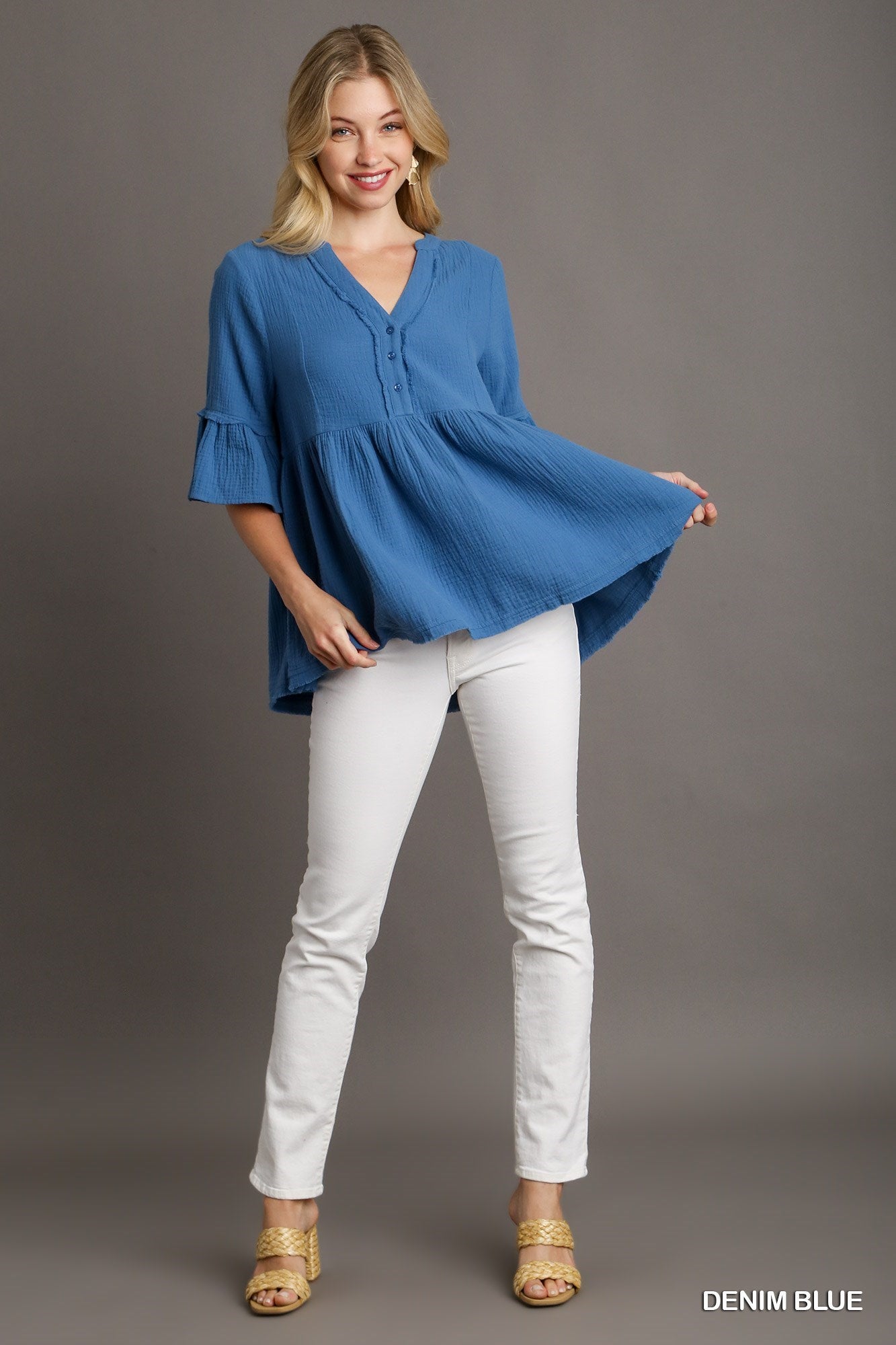 Denim Blue Baby Doll Cotton Top - Posh West Boutique