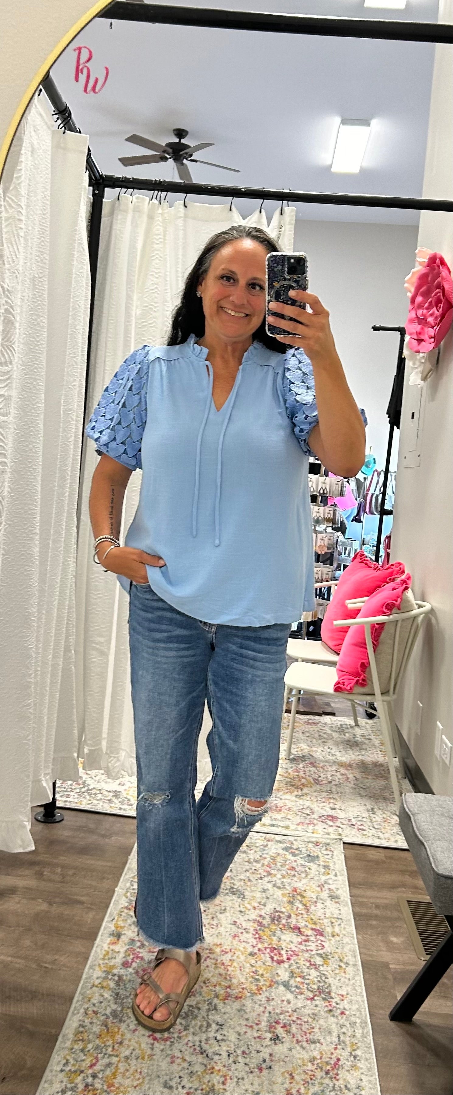 Powder Blue Linen Heart Detail Top - Posh West Boutique