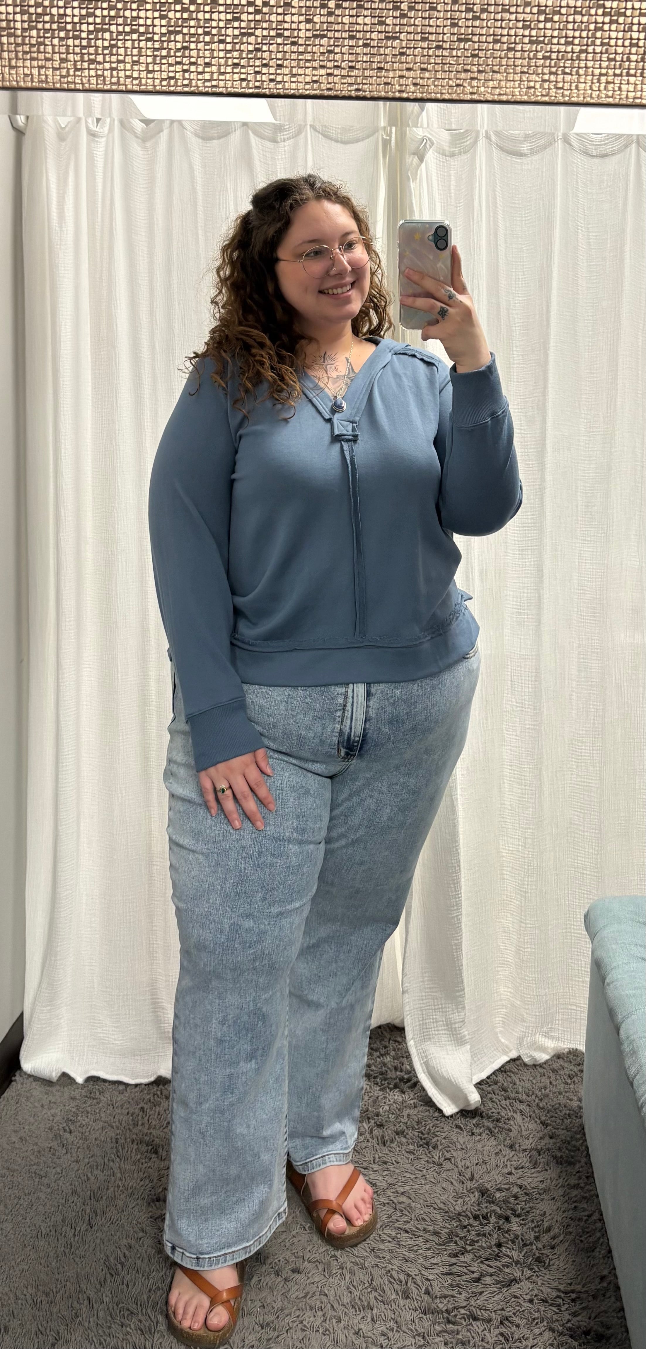 Dusty Blue Hooded V Neck Raw Edge Long Sleeve Knit Top - Posh West Boutique