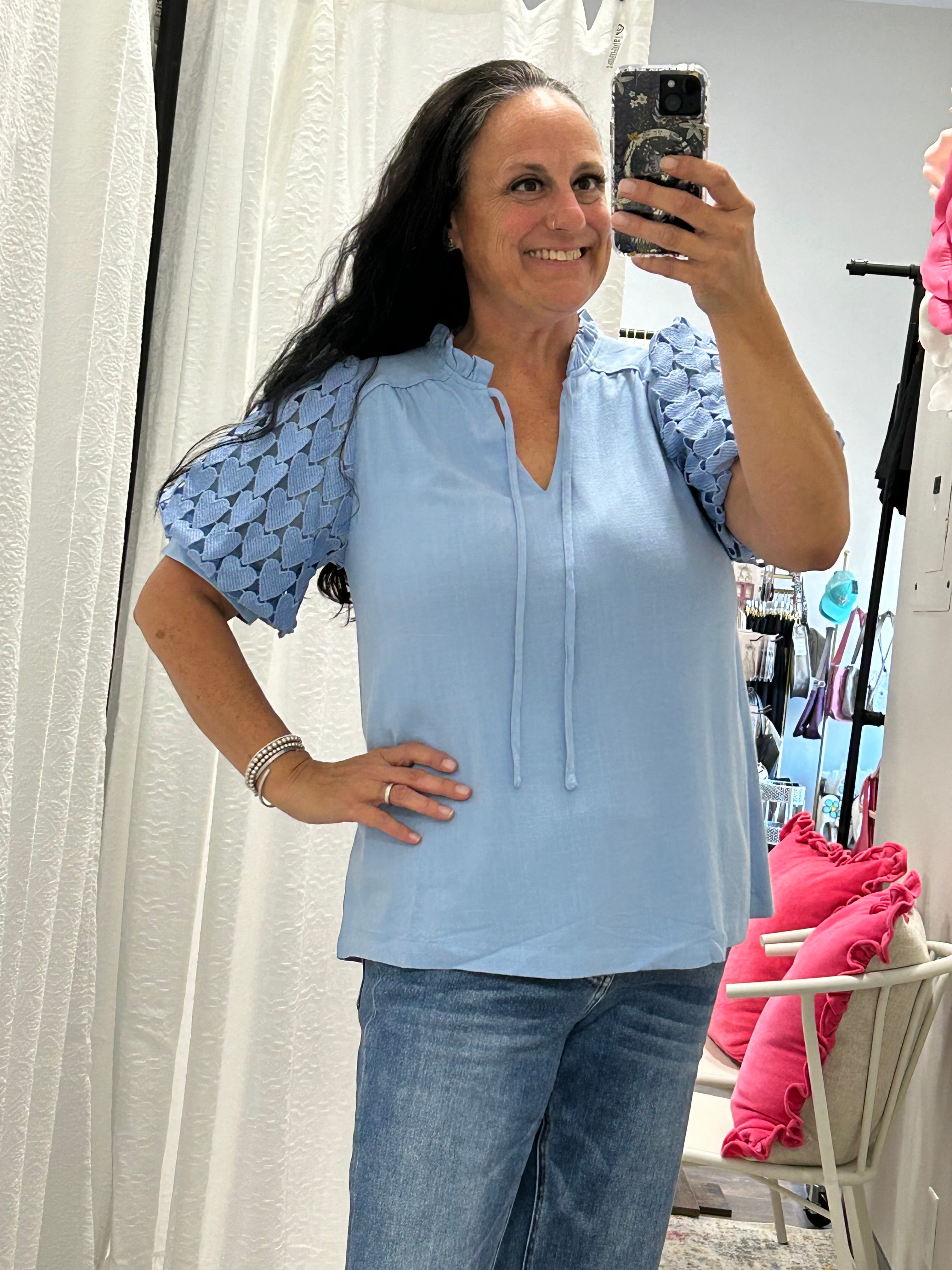 Powder Blue Linen Heart Detail Top - Posh West Boutique