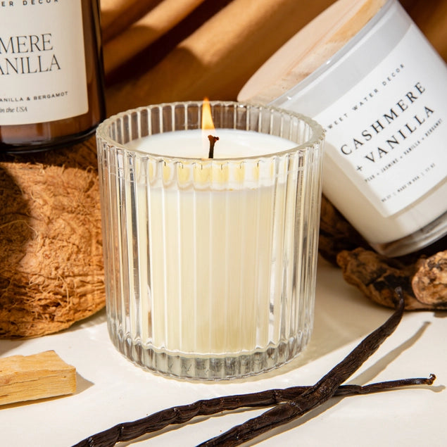 Cashmere and Vanilla Ribbed Glass Soy Candle - Posh West Boutique