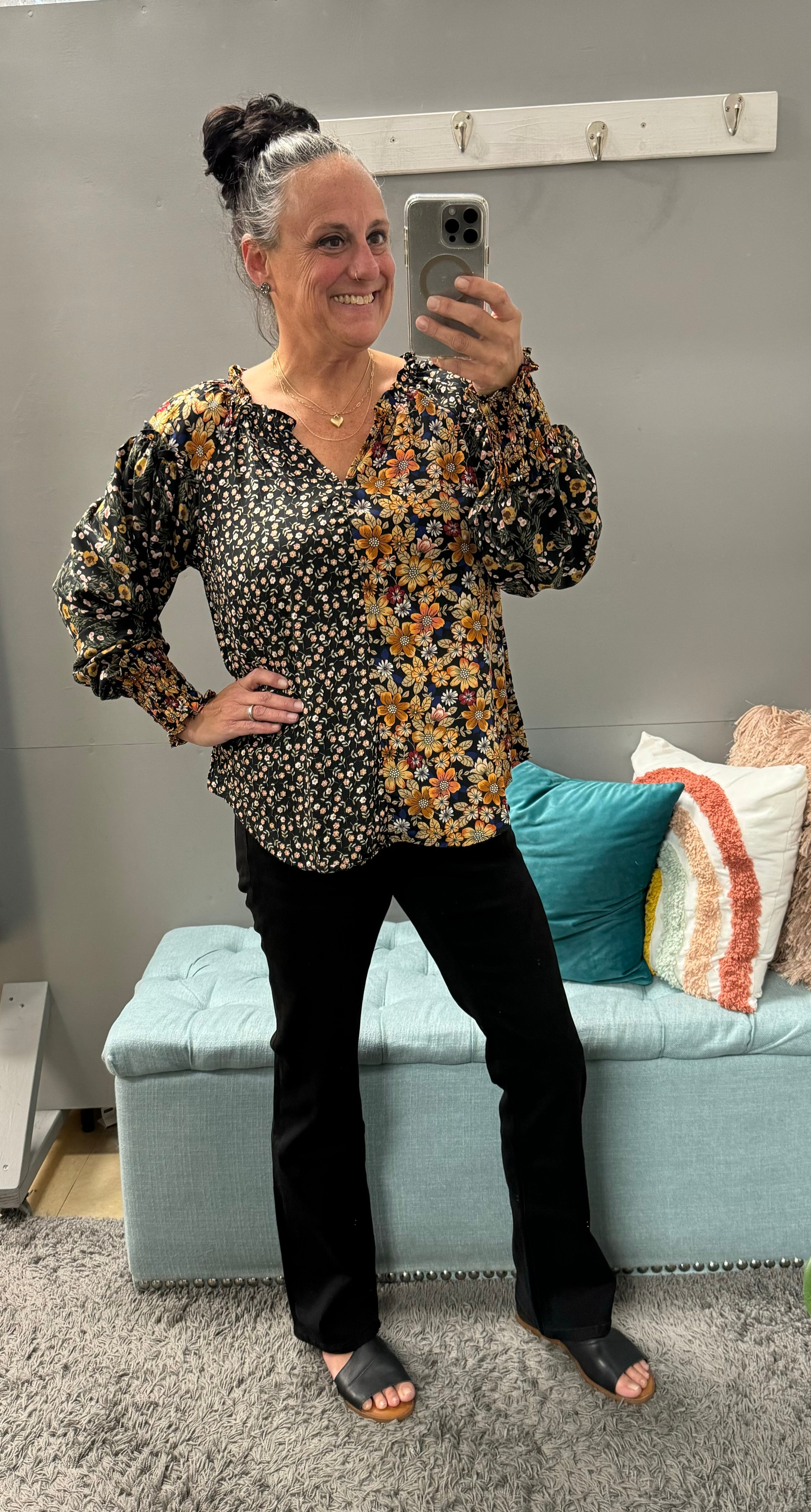 Black Mixed Floral Print Top