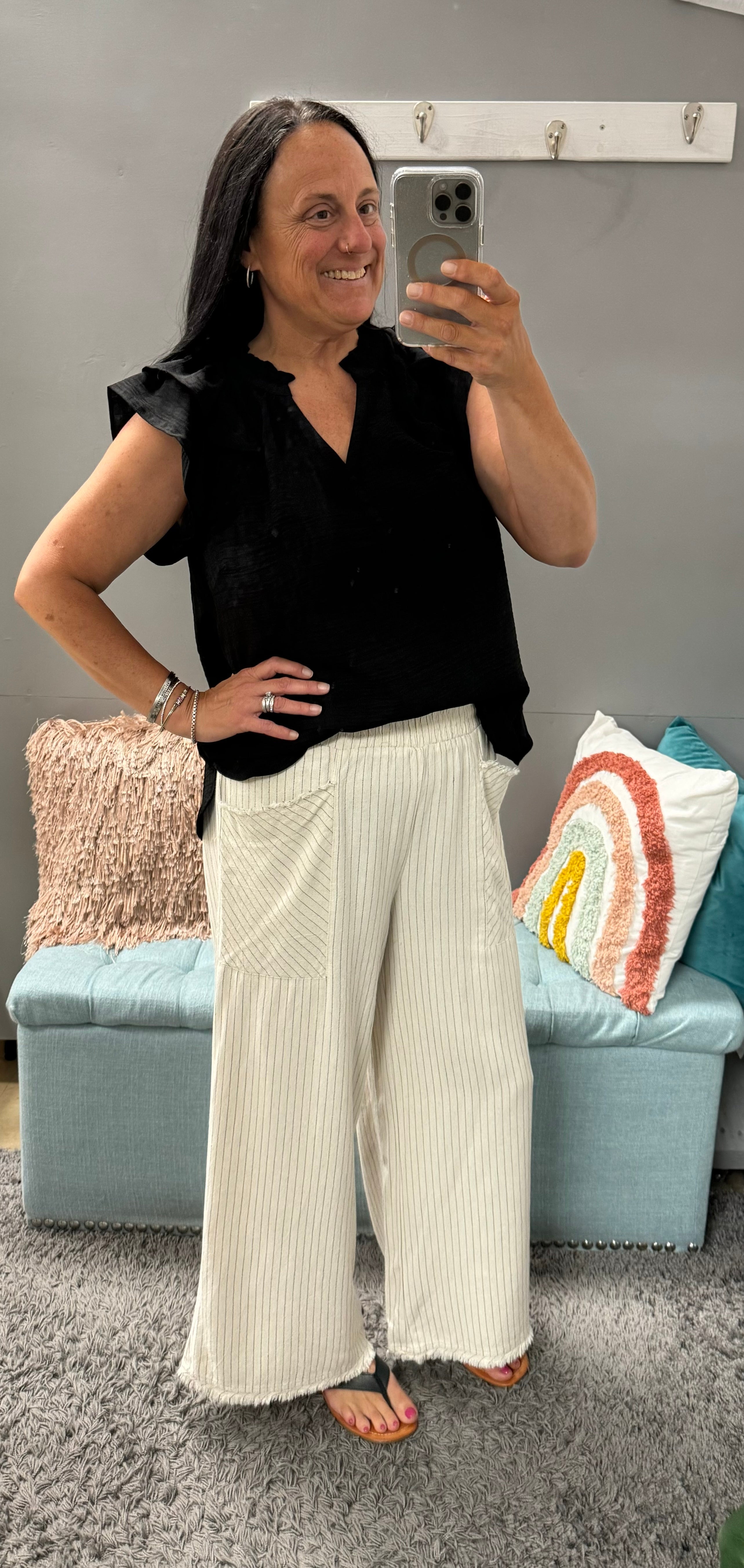 Oatmeal Striped Linen Wide Leg Frayed Detail Pant - Posh West Boutique