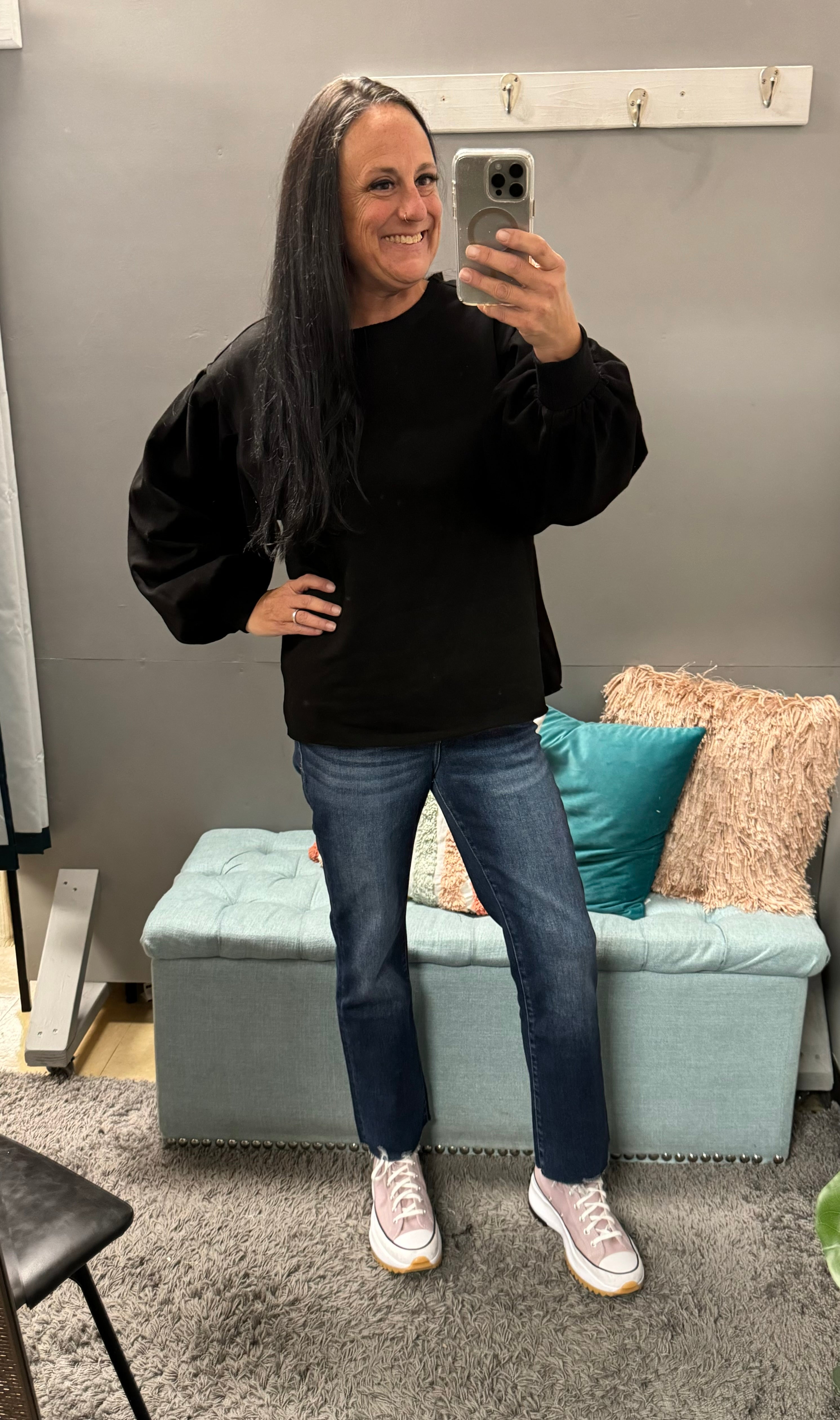 Black Bubble Sleeve Loose Fit Sweatshirt - Posh West Boutique