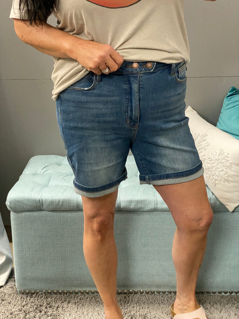 Judy Blue HW Tummy Control Double Button Bermuda Shorts - Posh West Boutique