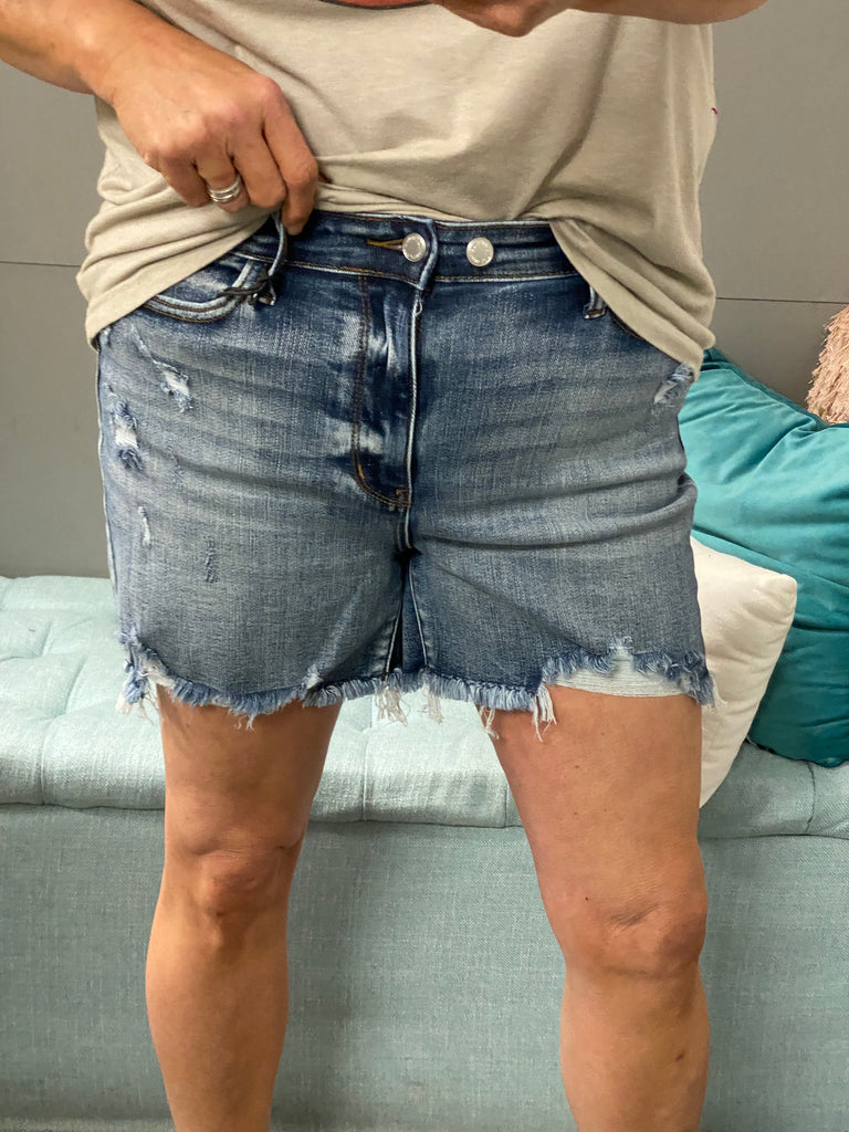 Judy Blue HW Adjustable Button Distressed Shorts - Posh West Boutique