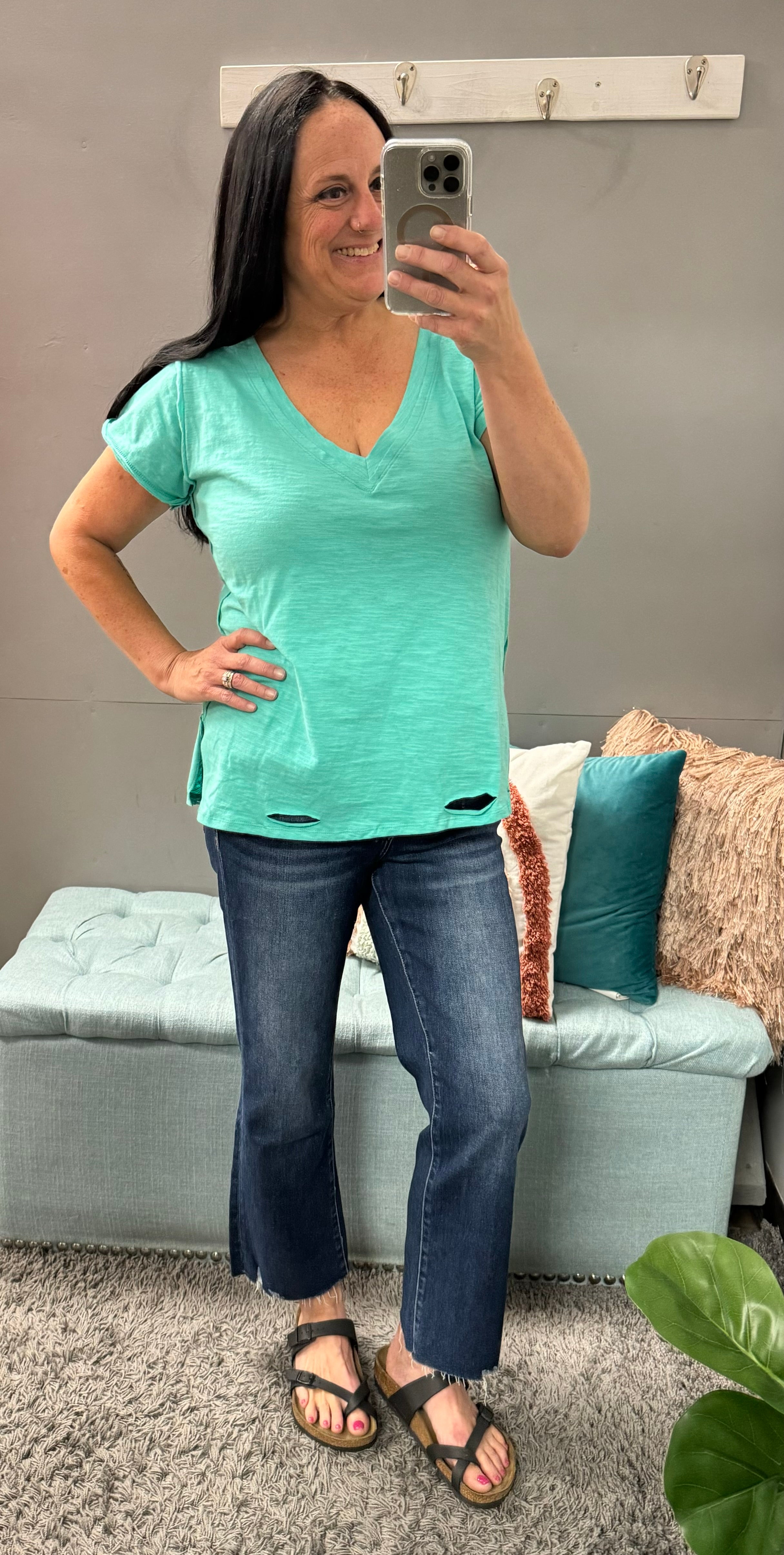 Seafoam Green Short Sleeve V-Neck Distressed Hem Top - Posh West Boutique