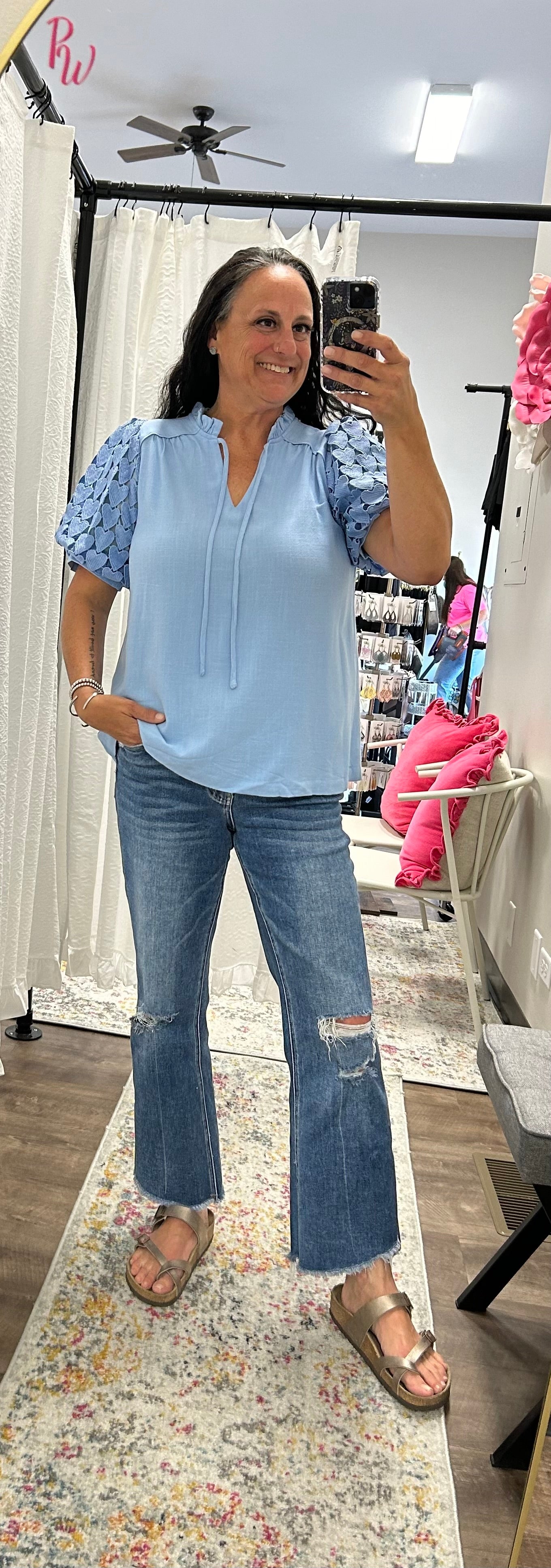 Powder Blue Linen Heart Detail Top - Posh West Boutique