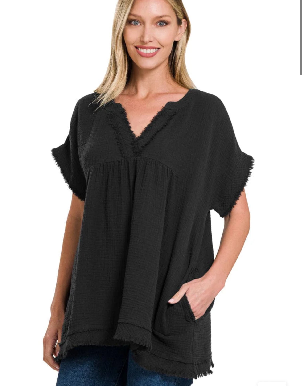 Black Raw Edge Gauze Short Sleeve Top - Posh West Boutique