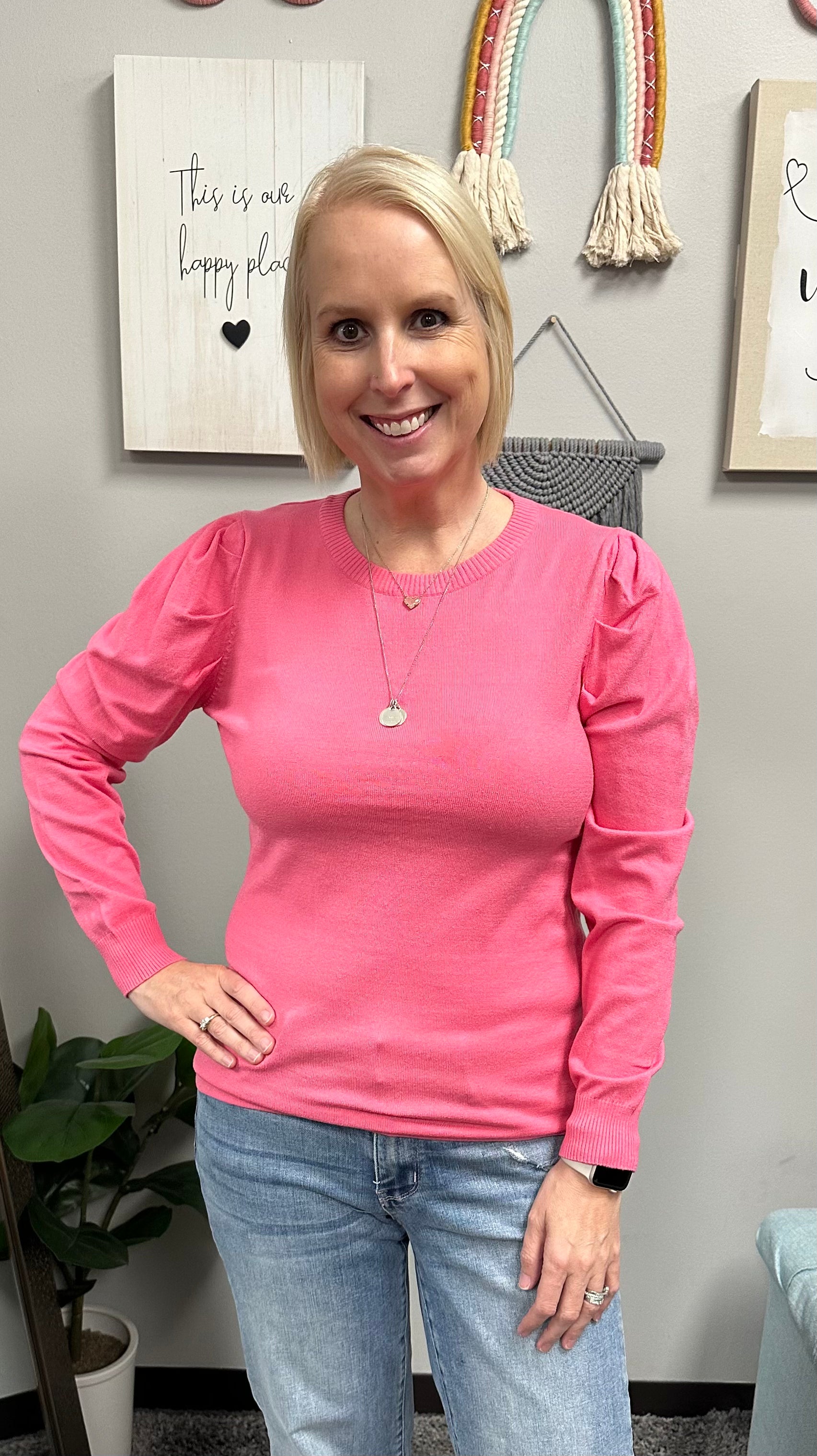 Hot Pink Puff Sleeve Round Neck Sweater - Posh West Boutique