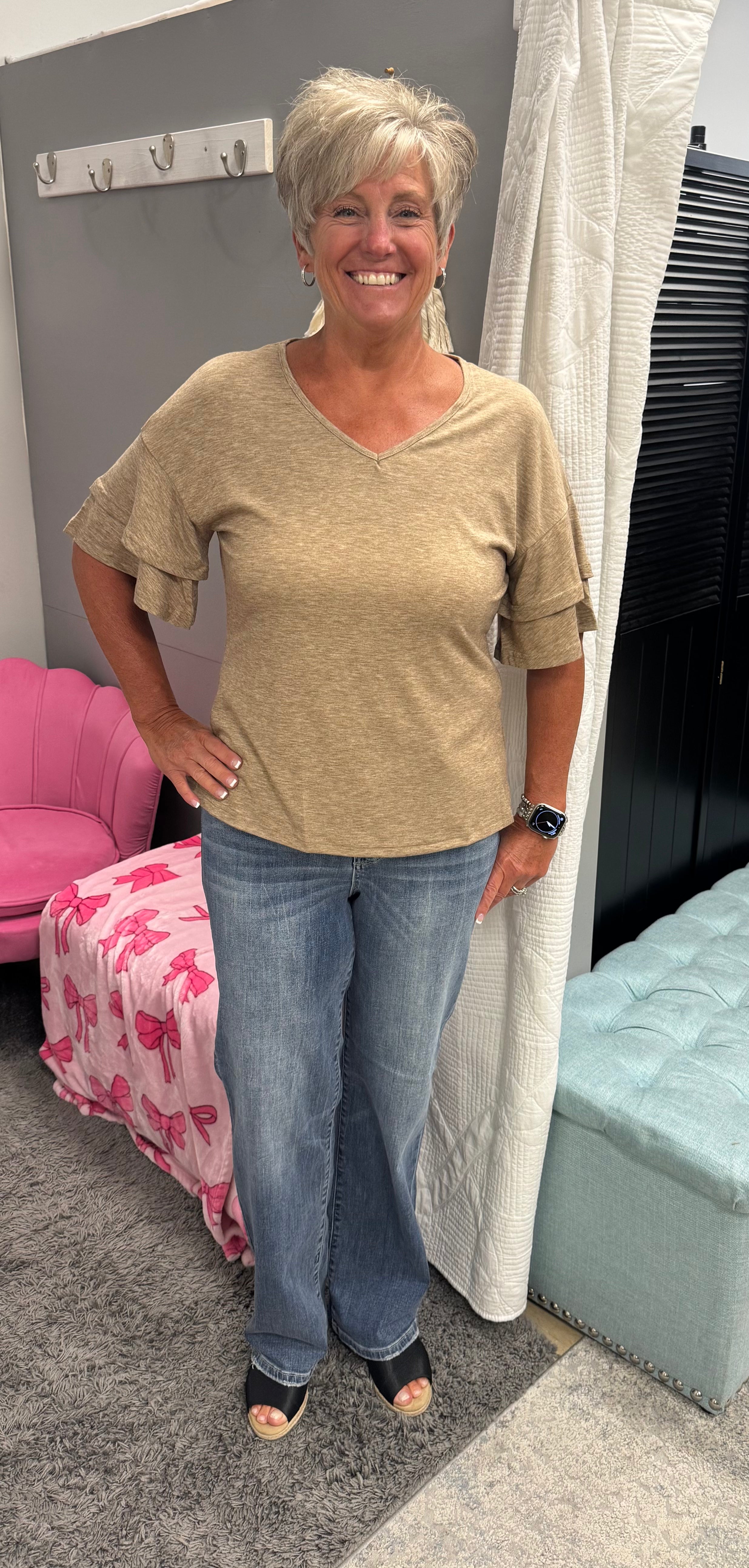Camel Ruffle Sleeve V Neck Top