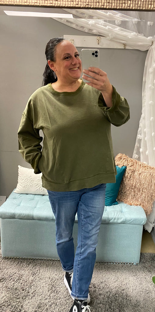 Olive Long Sleeve Top with Pockets - Posh West Boutique