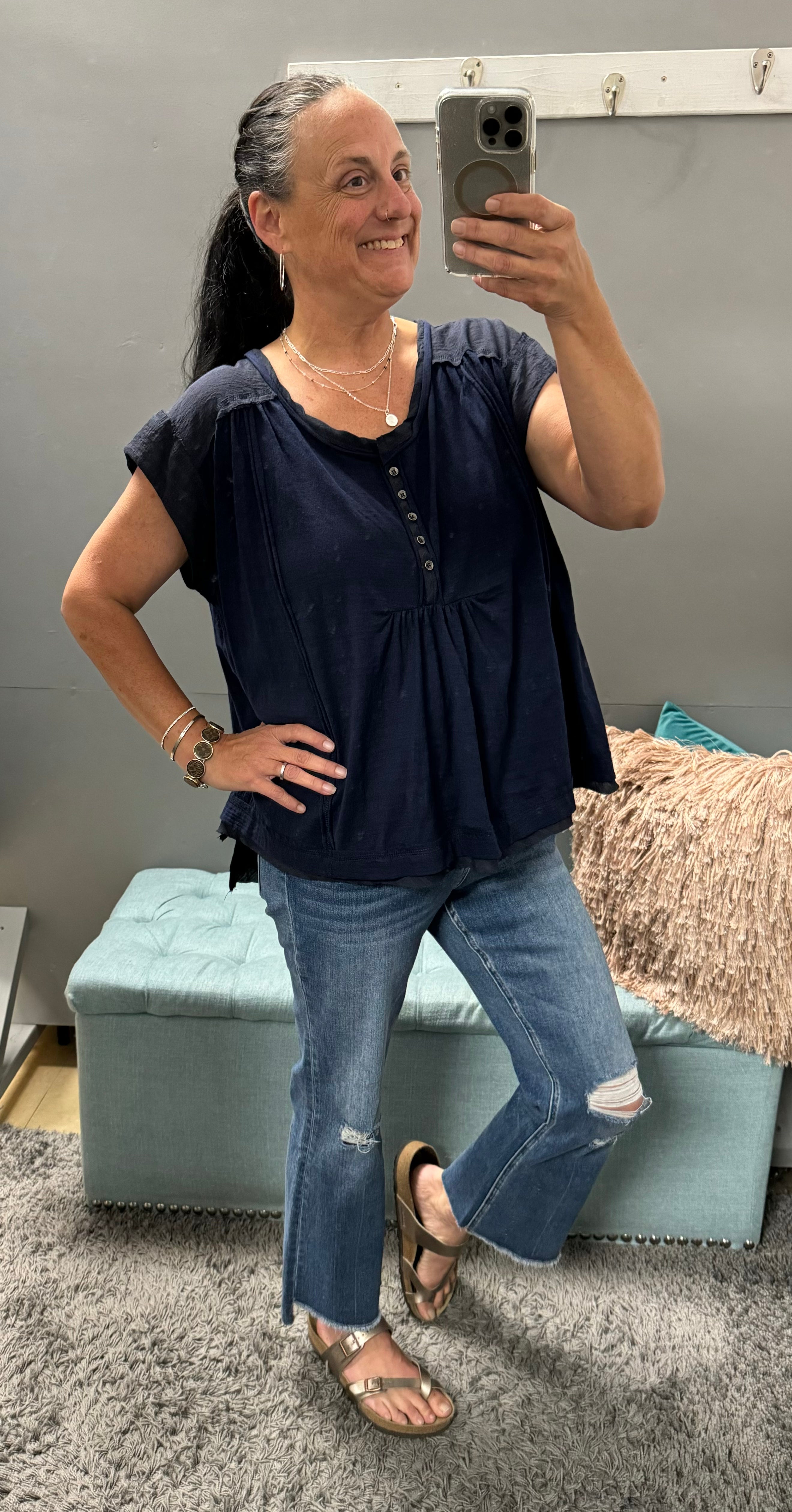 Navy- Oversized Mid Button Top - Posh West Boutique