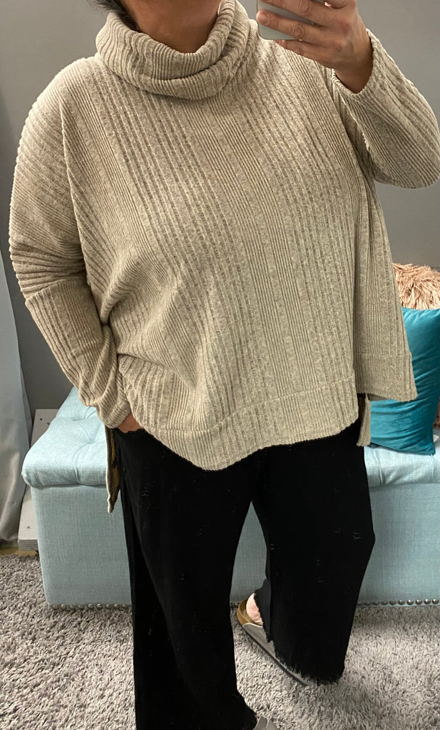 Sand Cowl Neck Ribbed Knit Long Sleeve - Posh West Boutique