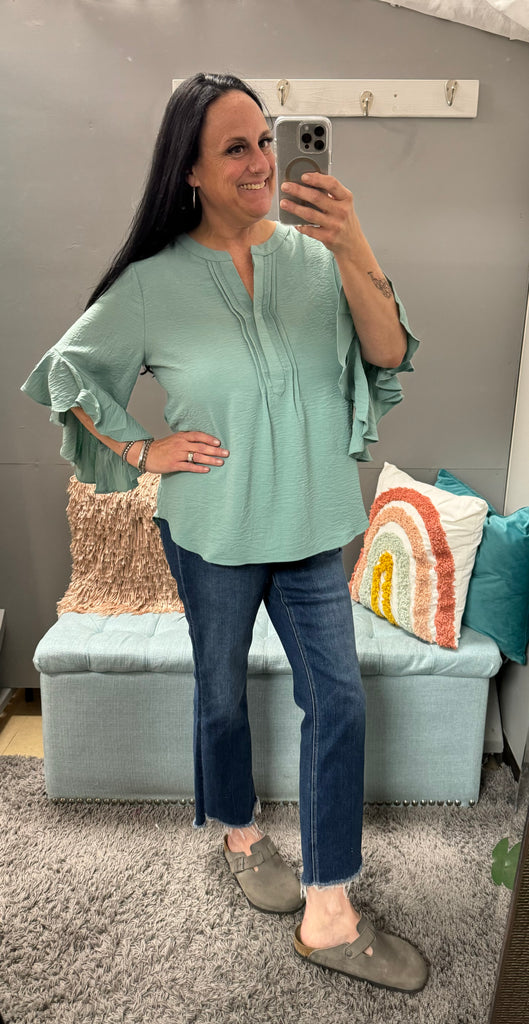 Mint Ruffled Bell Sleeve With Front Pleating Top - Posh West Boutique