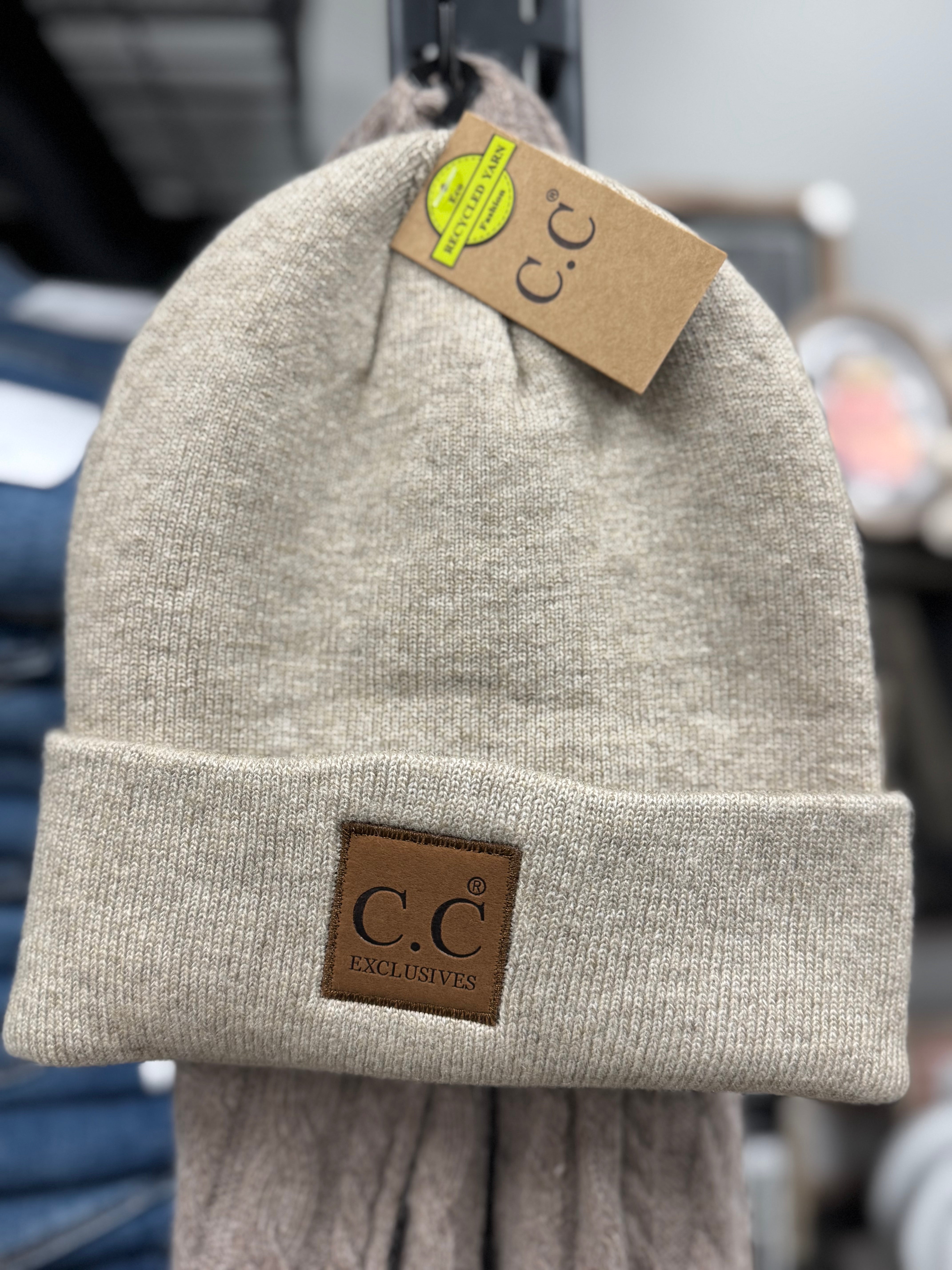 CC Leather Patch Beanie-Heather Beige - Posh West Boutique