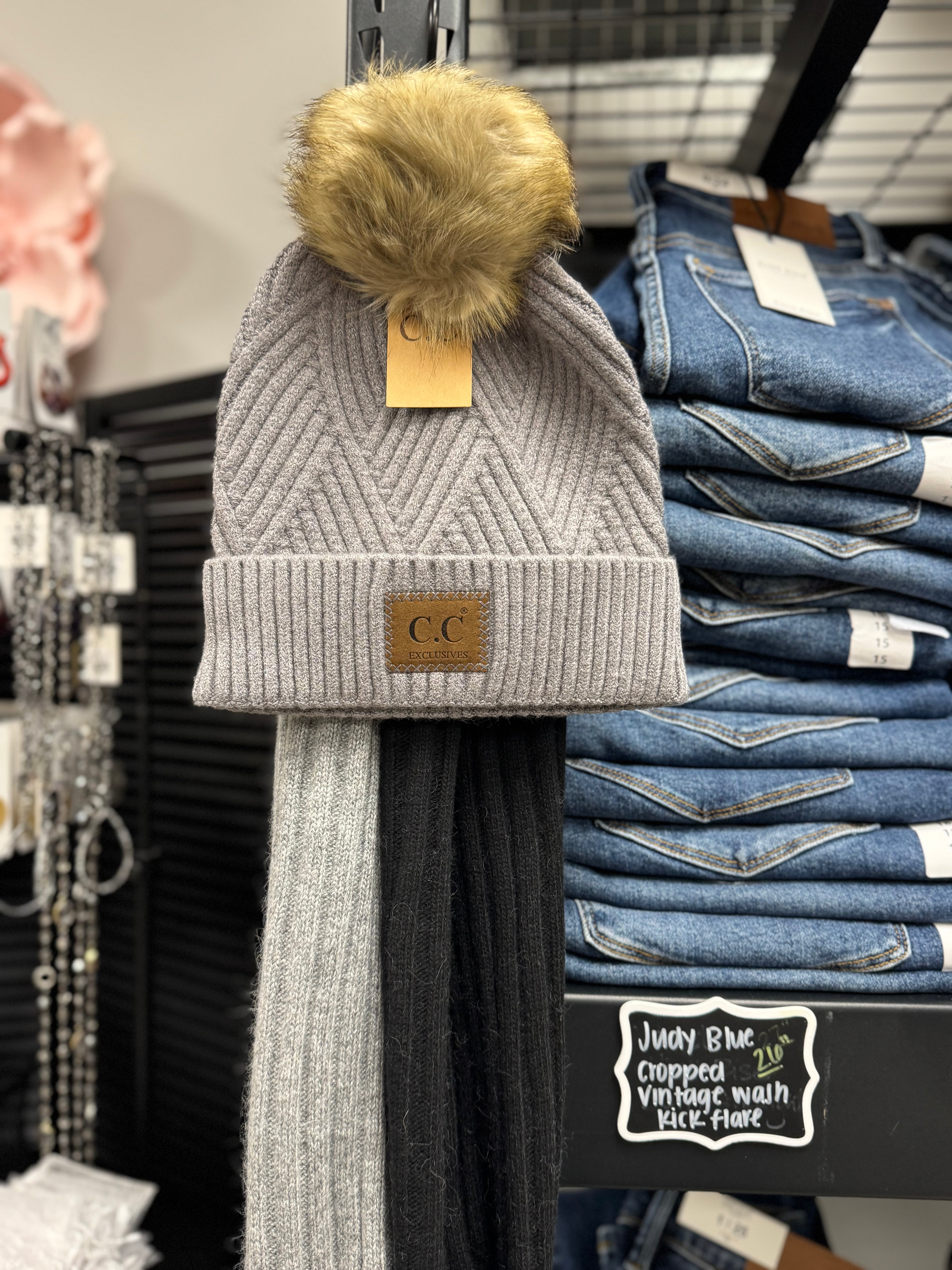 CC Large Patch Heathered Pom Beanie - Posh West Boutique