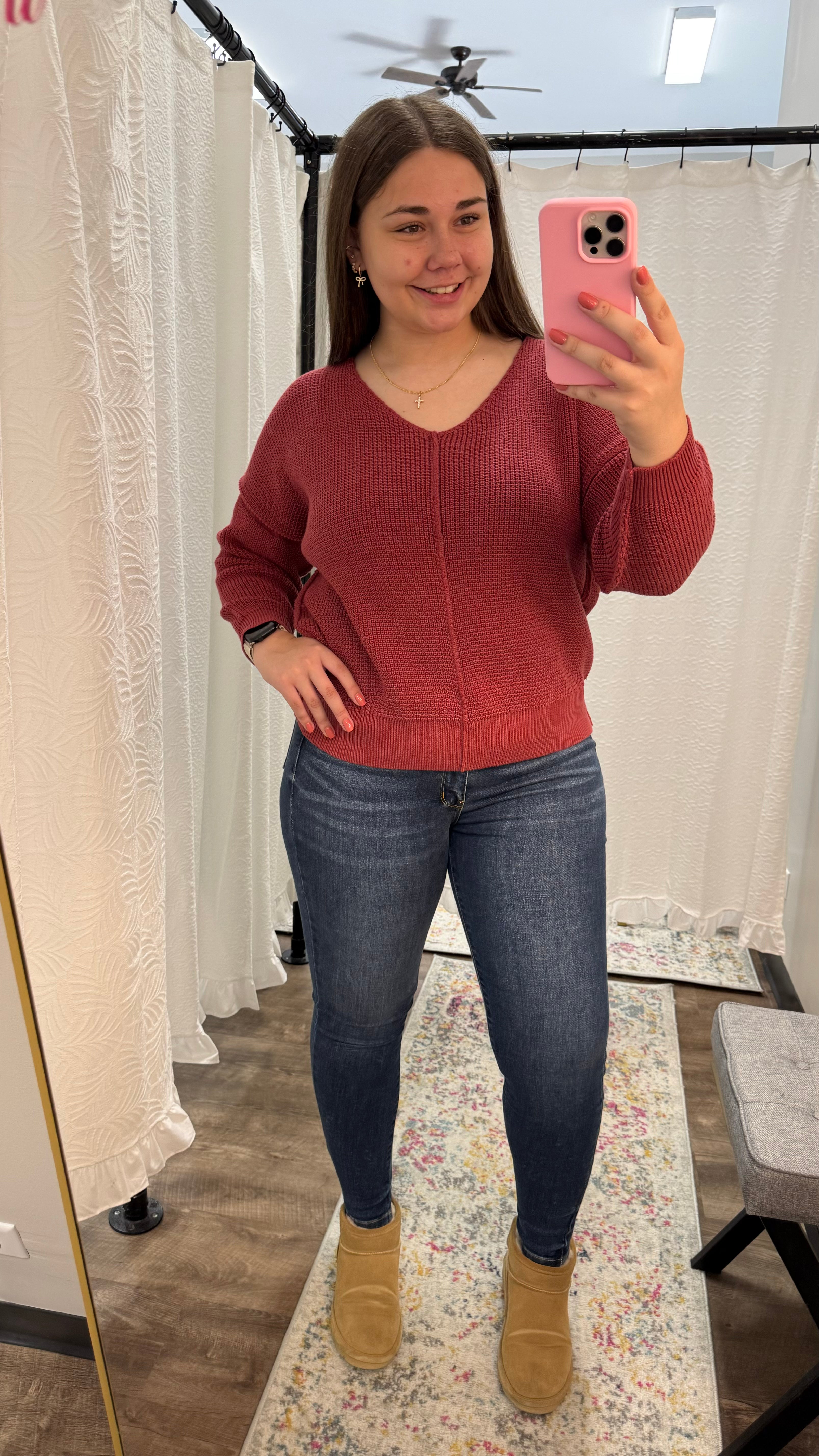 Raspberry V-Neck Oversized Textured Sweater