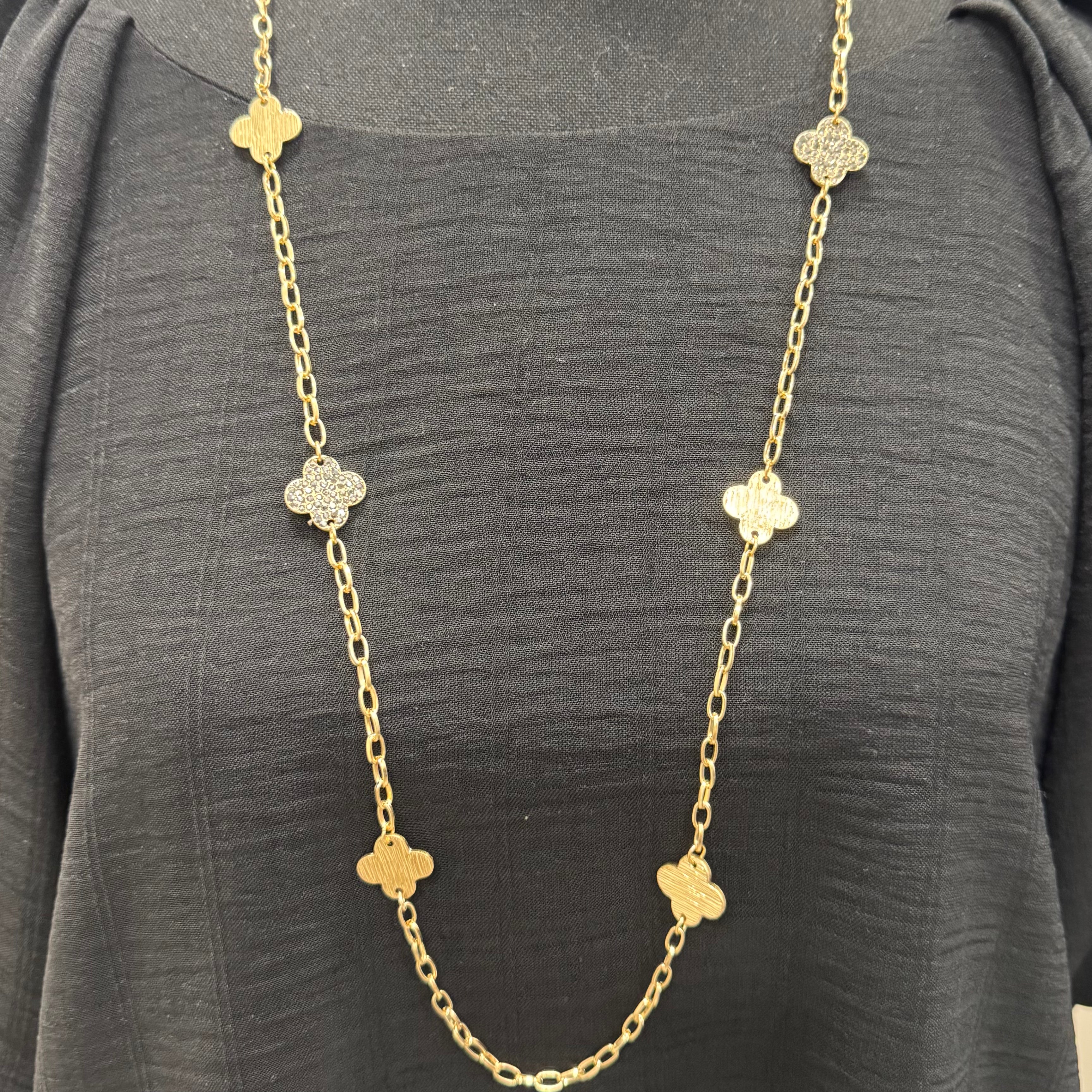 Gold Clover Charm Long Necklace - Posh West Boutique
