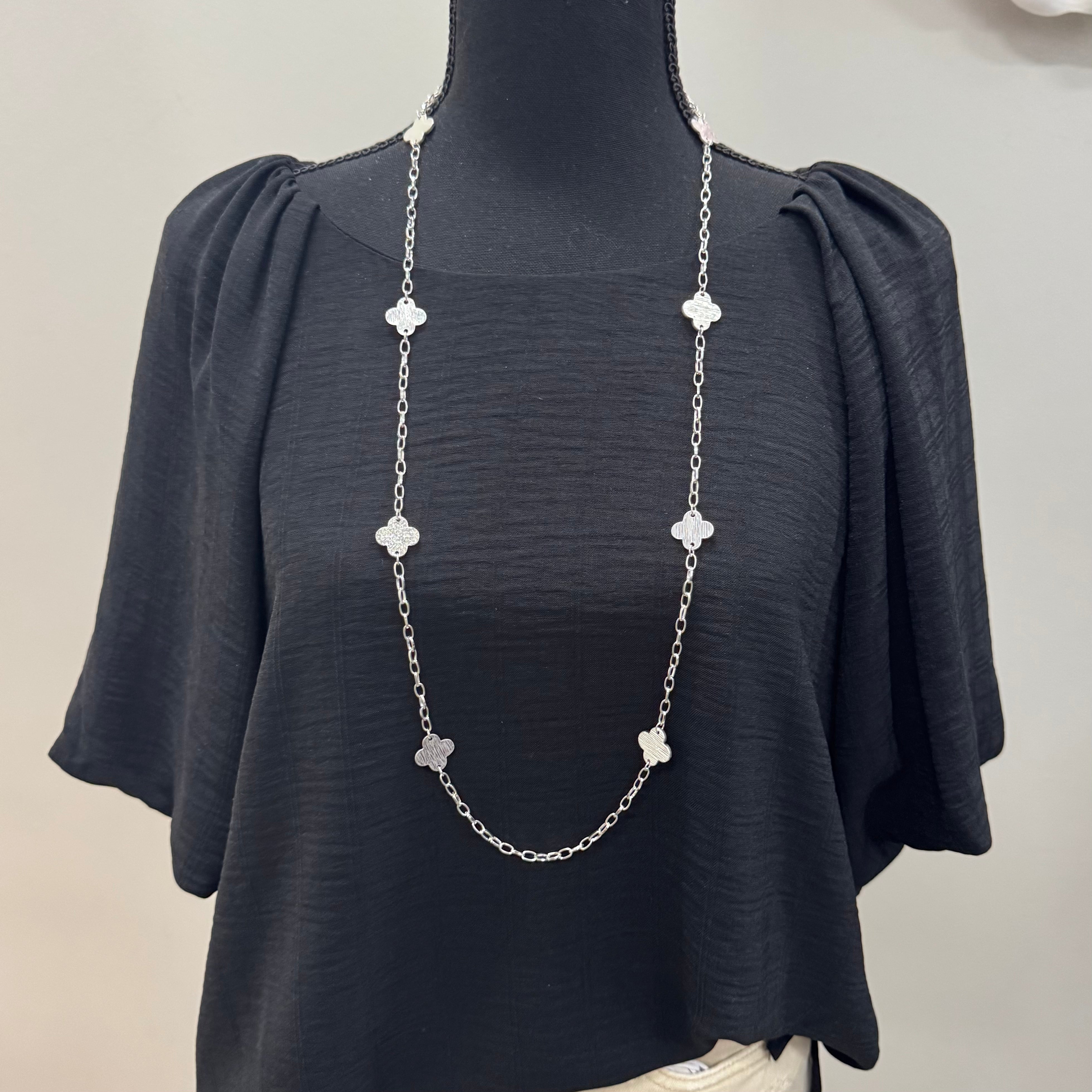 Silver Clover Charm Long Necklace - Posh West Boutique