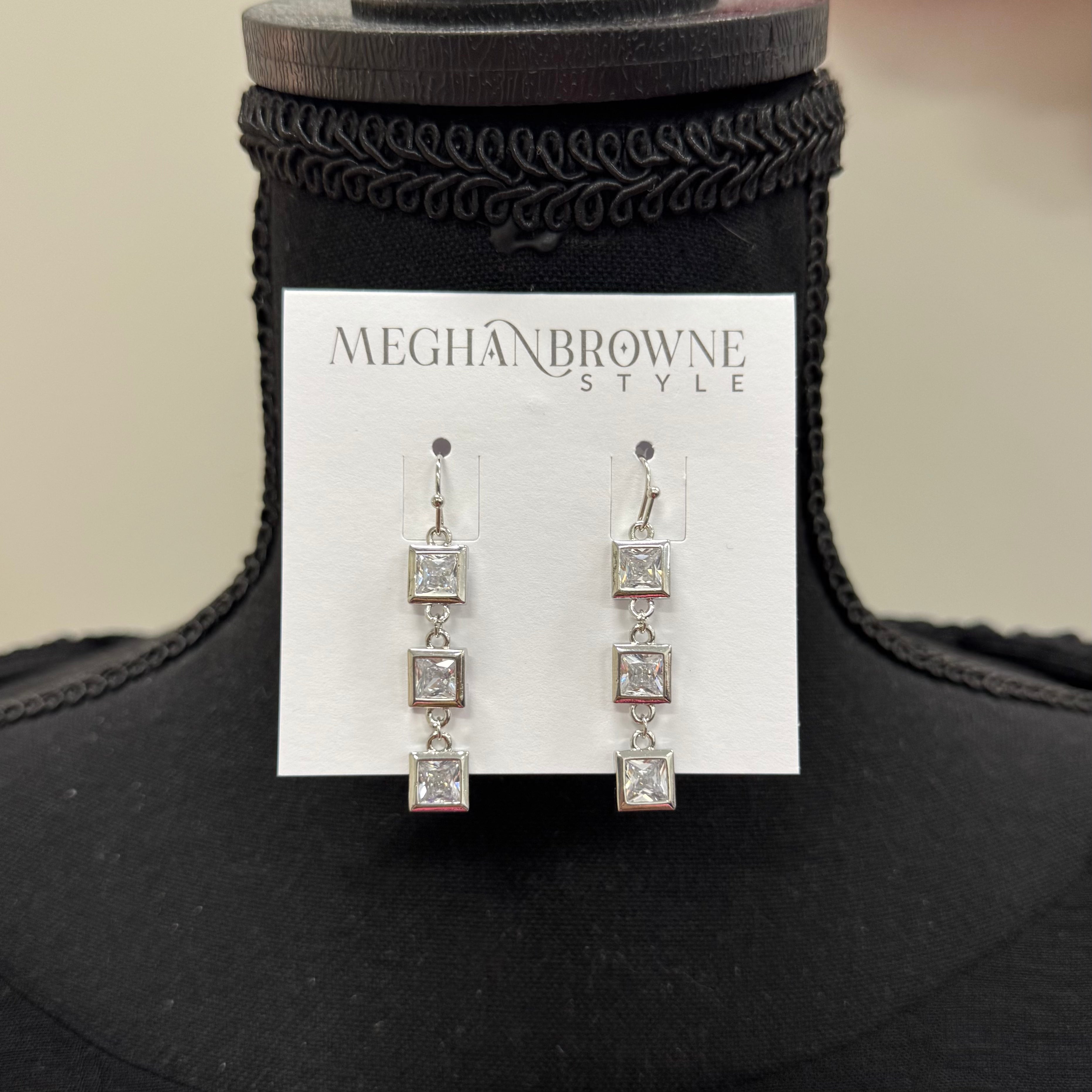 Silver 3 Square Diamond Dangle Earring - Posh West Boutique