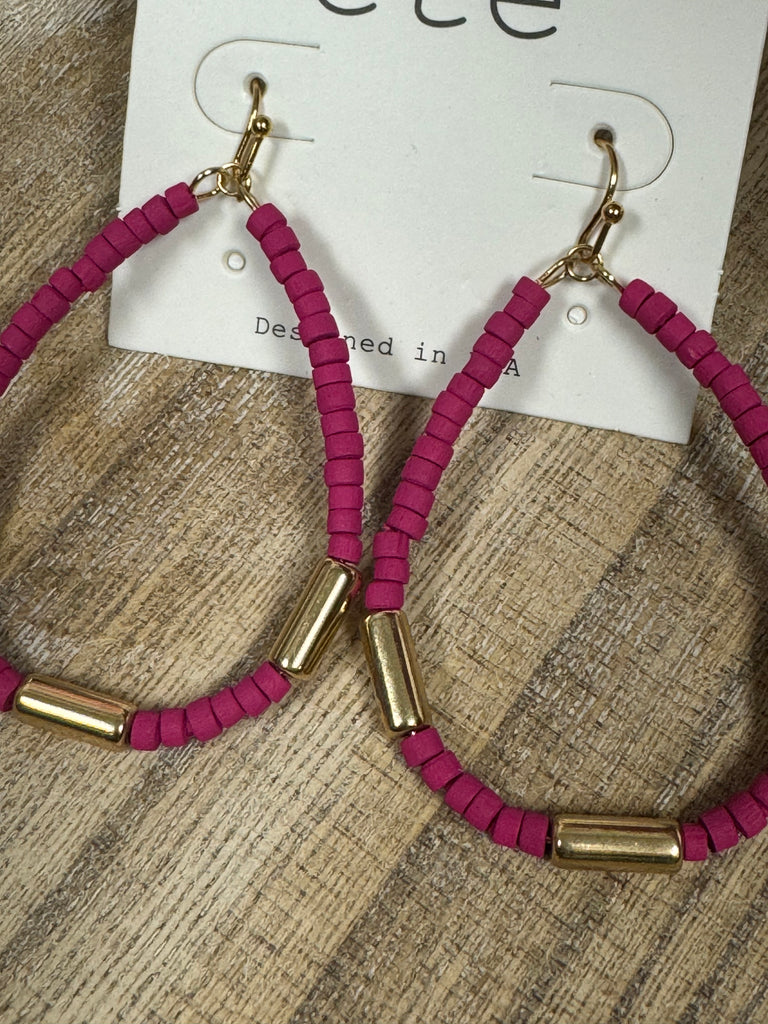 Pink Wood & Gold Bead Teardrop Earrings - Posh West Boutique
