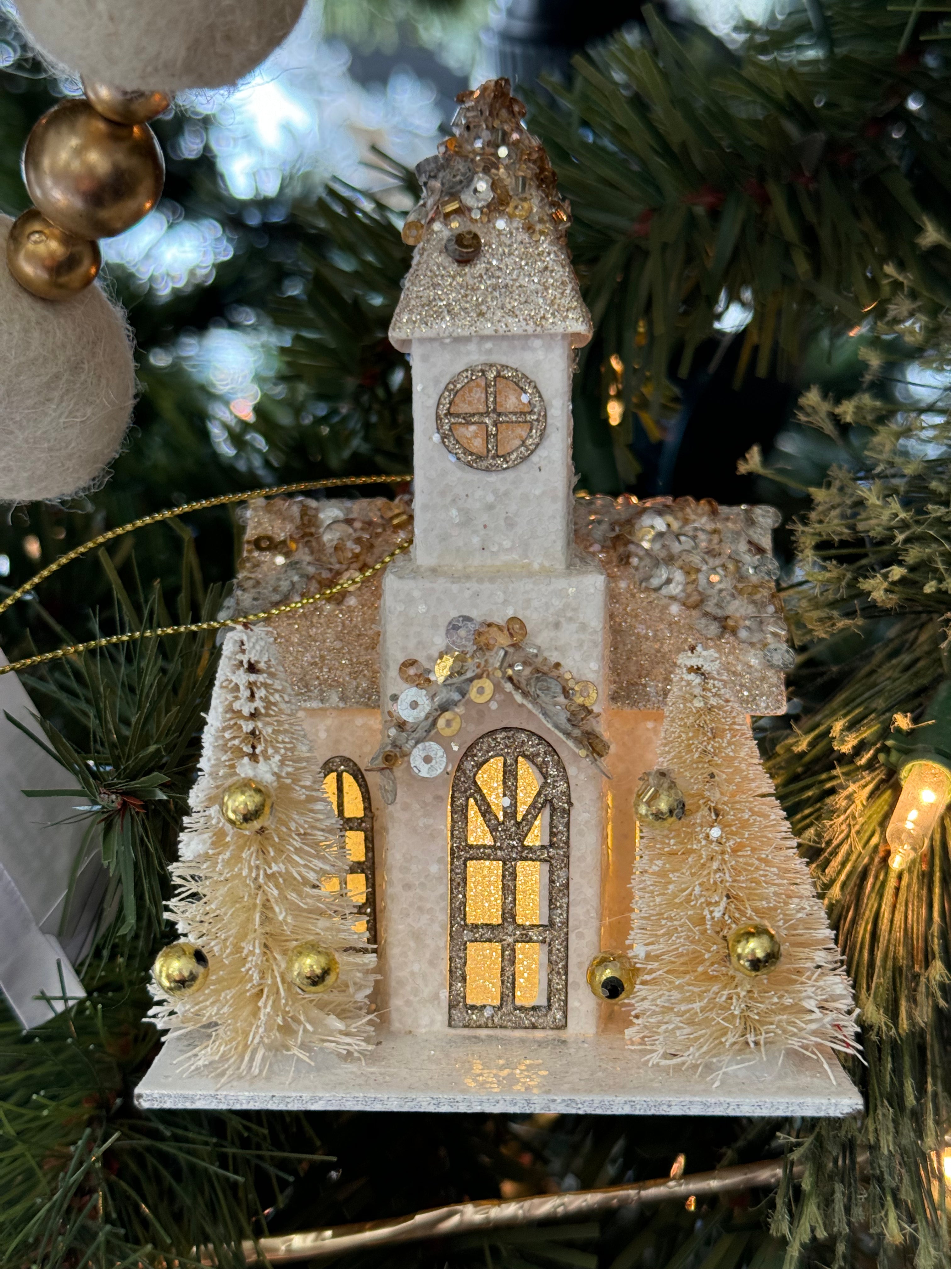 Sparkly Paper Church Ornament with LED Light - Posh West Boutique