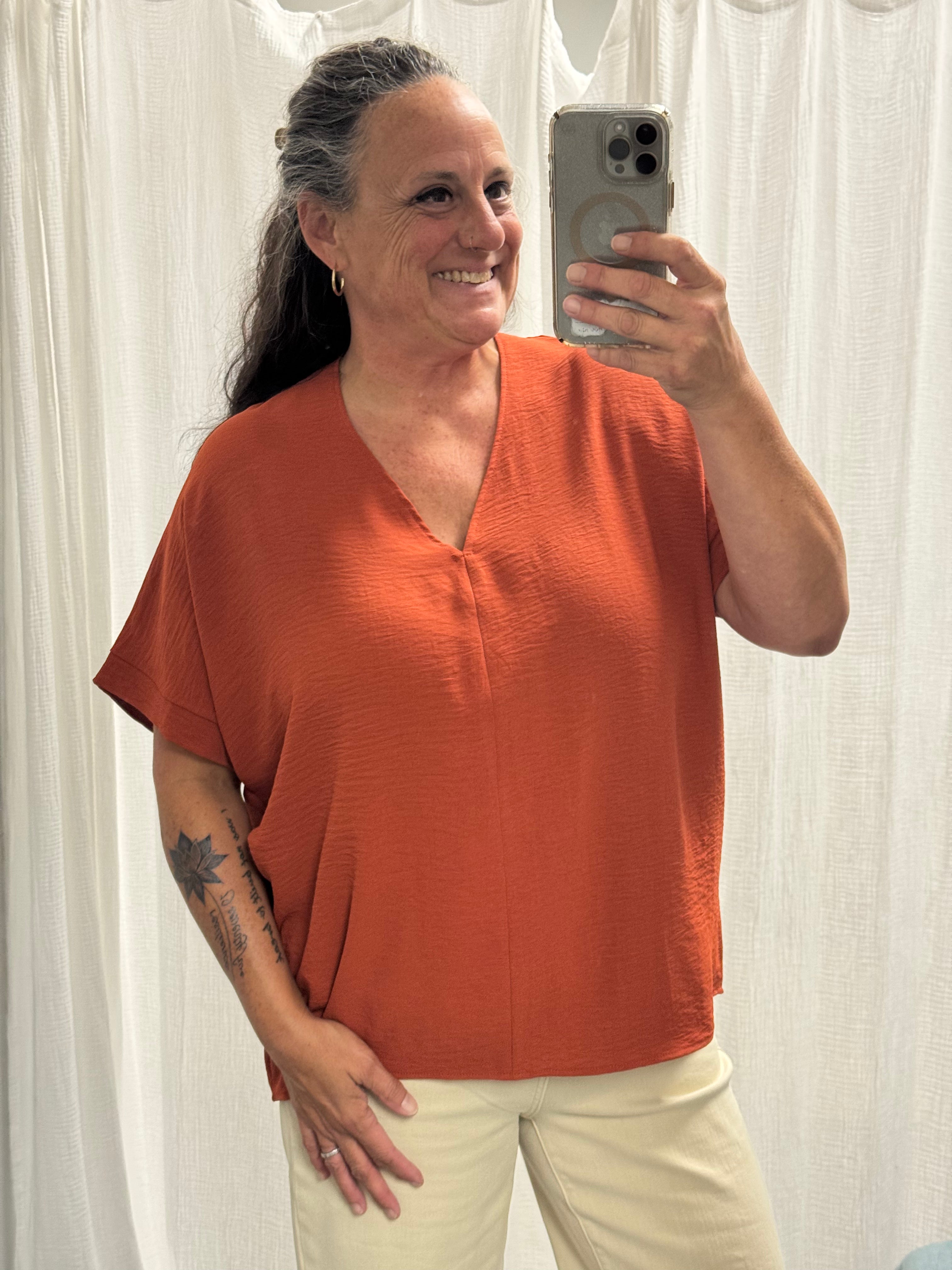 Solid Rust V-neck Boxy Top - Posh West Boutique