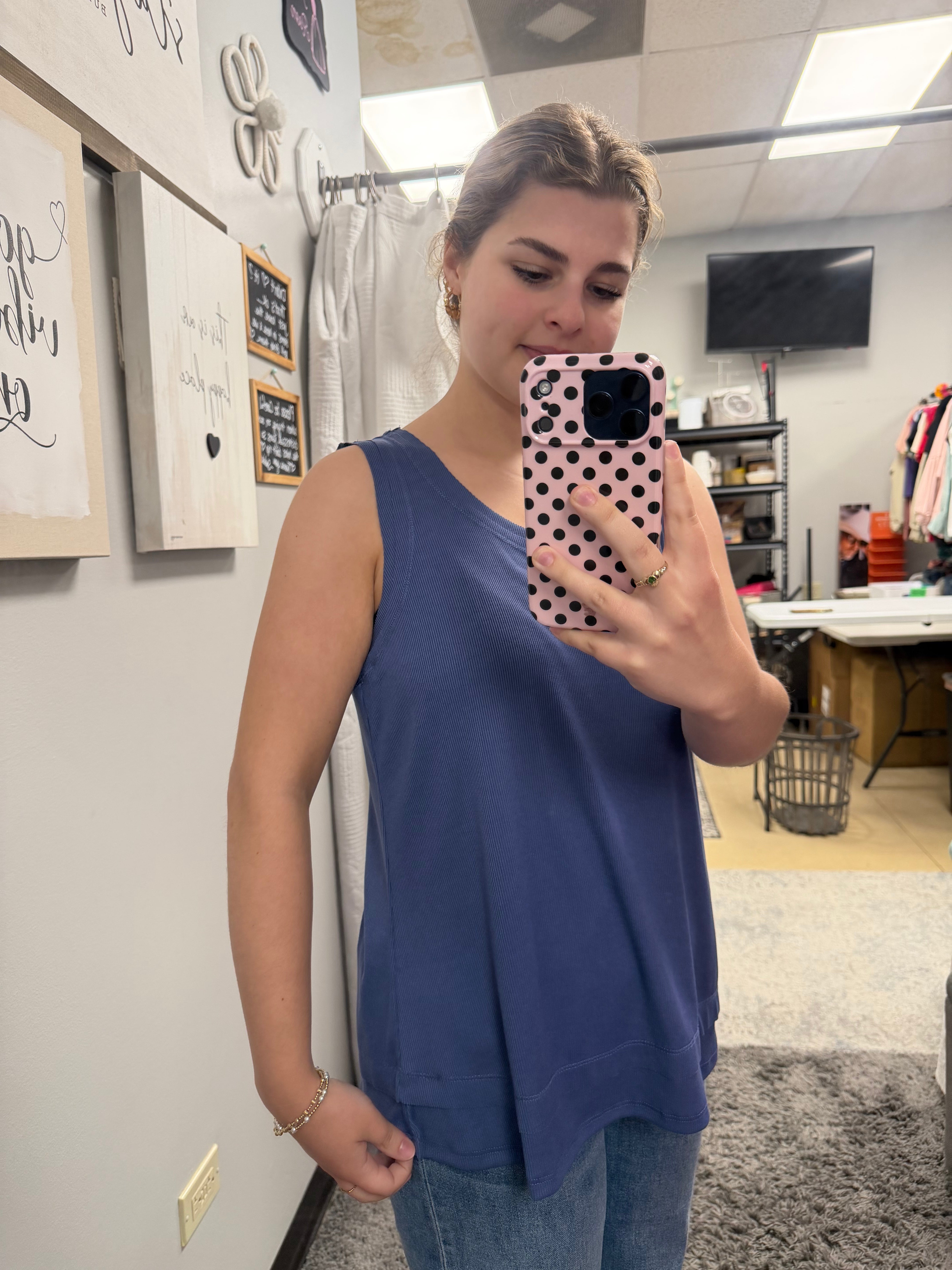 Denim Ribbed Tank Top w/ Raw Edge Detail