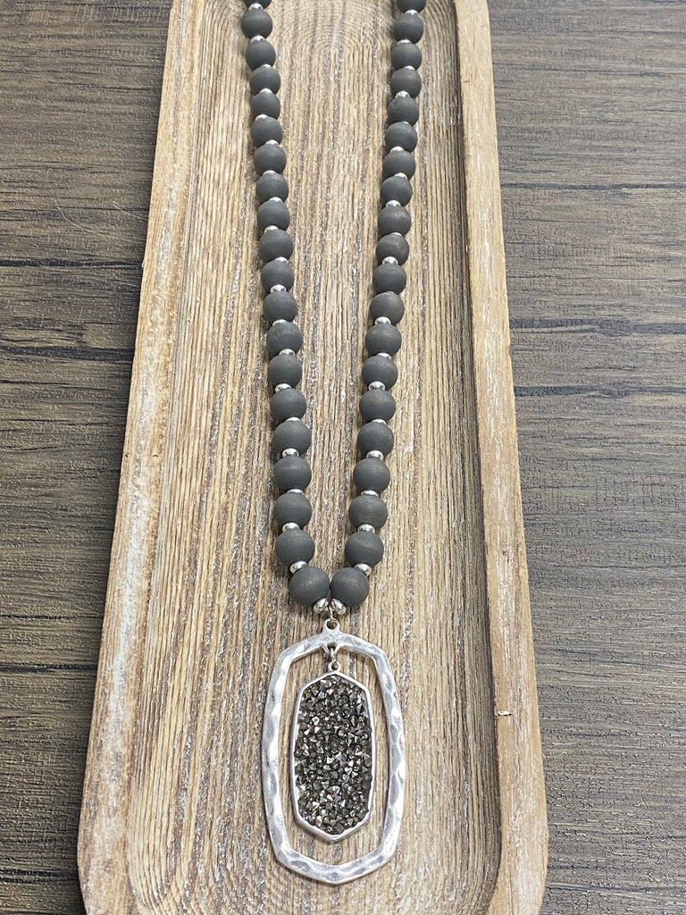 Charcoal Wood Bead, Silver and Hematite Necklace - Posh West Boutique