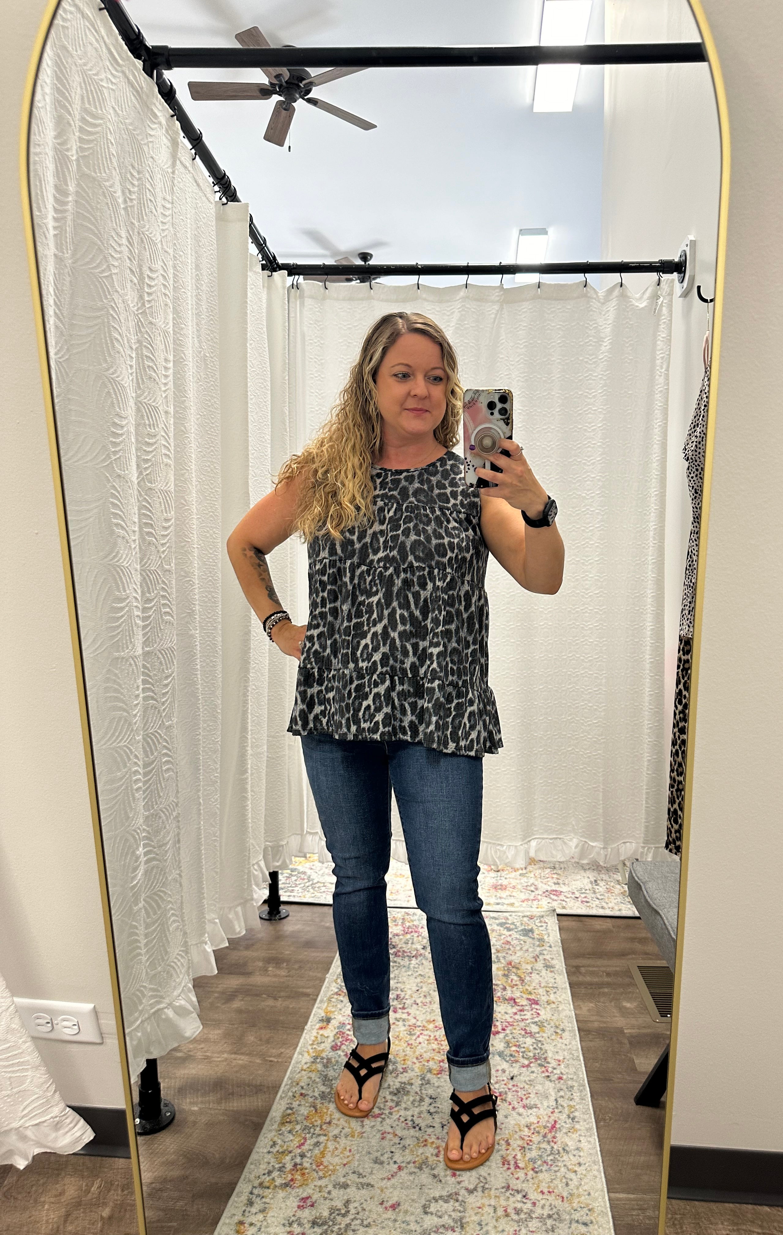 Gray Cheetah Print Sleeveless Tiered Top - Posh West Boutique