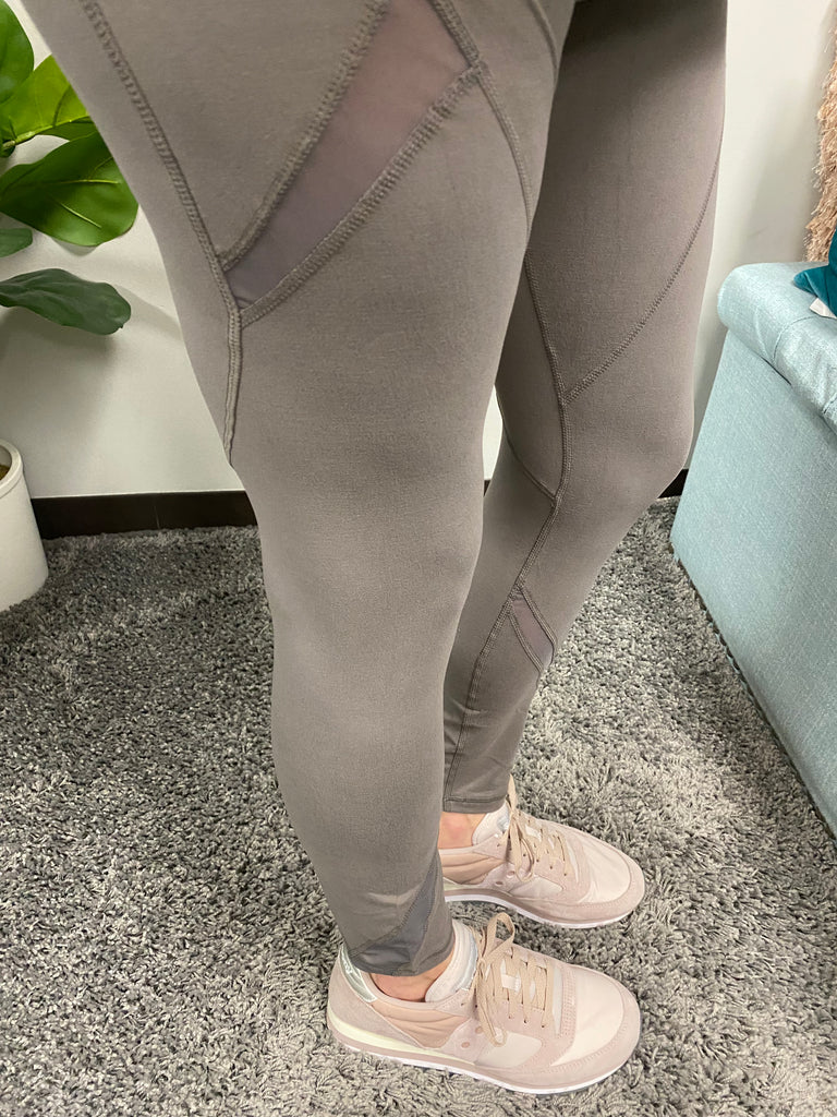 Smoky Gray- Full Length Pocket Leggings with Mesh Detail - Posh West Boutique