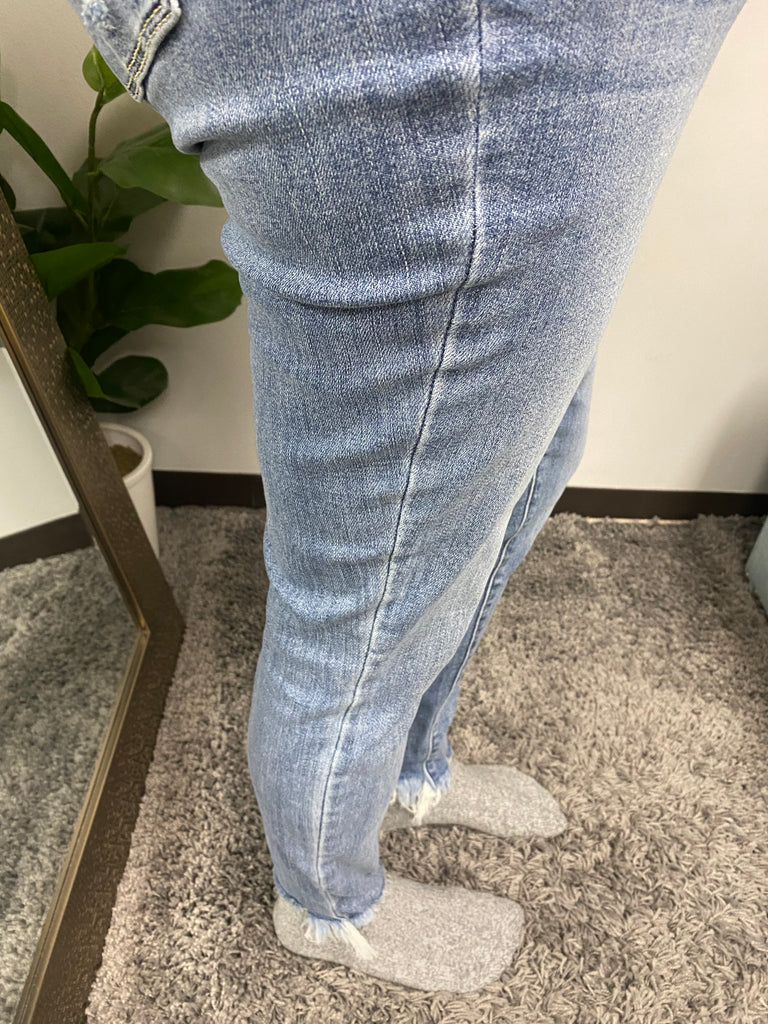 Judy Blue Light Wash Mid Rise Shark Bite Skinny Jeans - Posh West Boutique