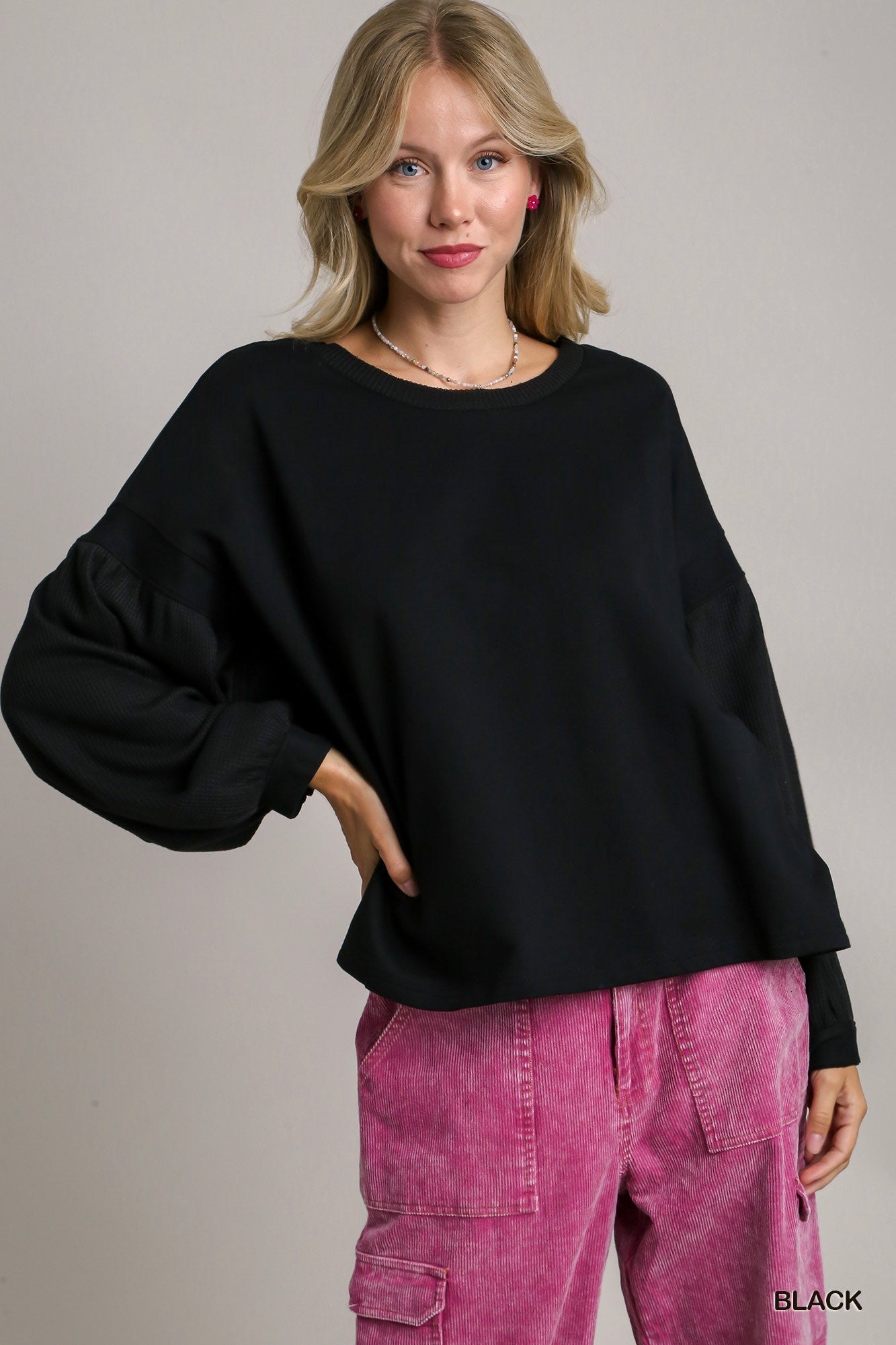 Black Wide Neck French Terry Top with Balloon Sleeves - Posh West Boutique