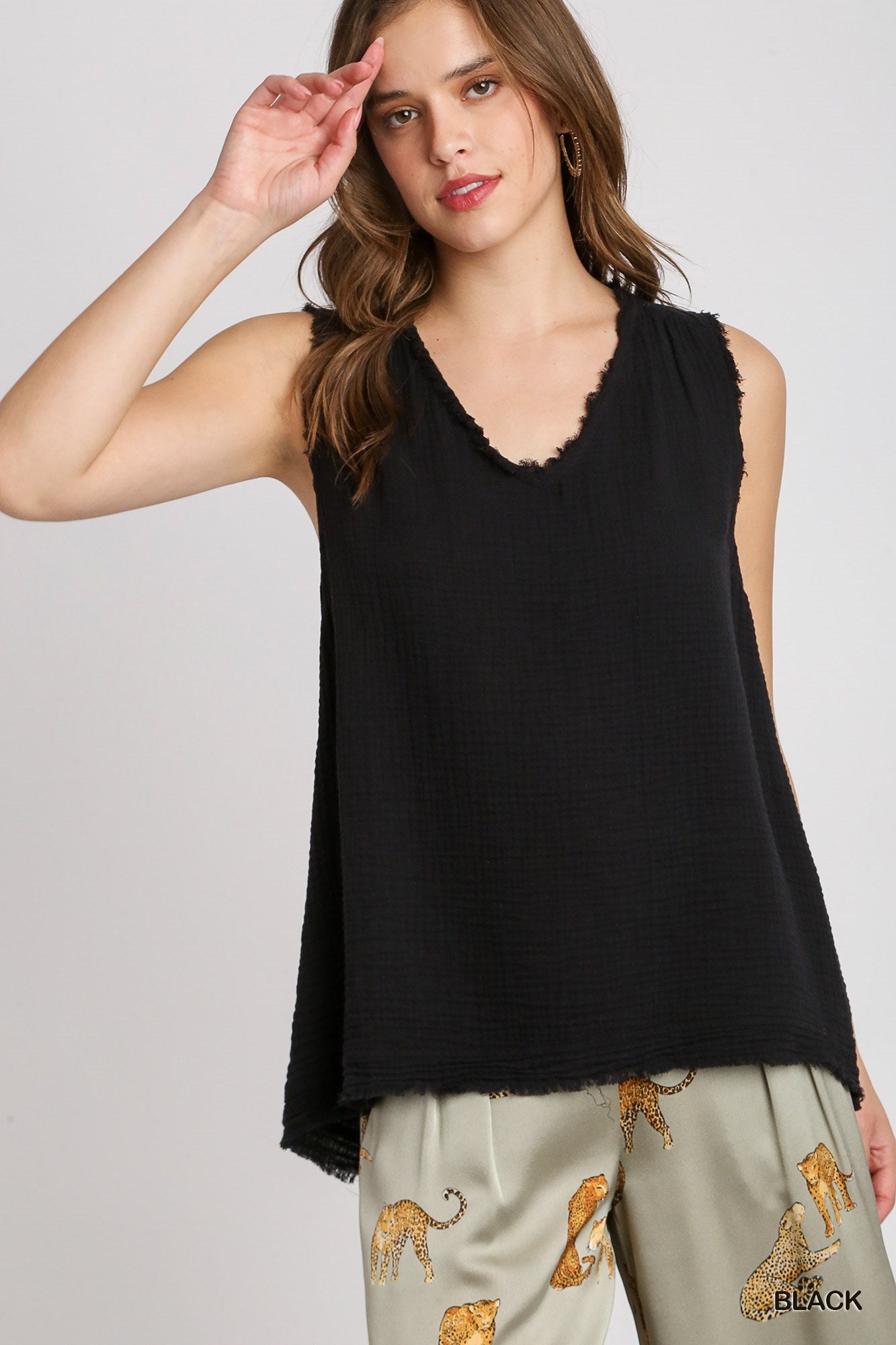 Black Cotton Gauze Sleeveless V-Neck - Posh West Boutique