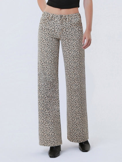 Vervet MR Full Length Leopard Print Wide Leg Jeans