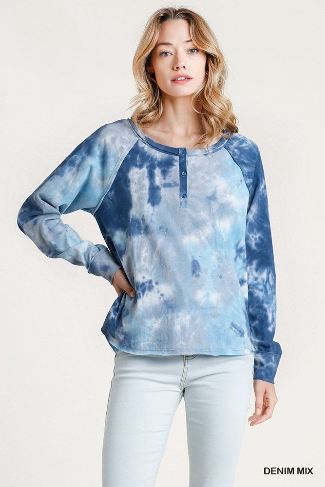 Blue Tie Dye Long Sleeve Raglan Top - Posh West Boutique