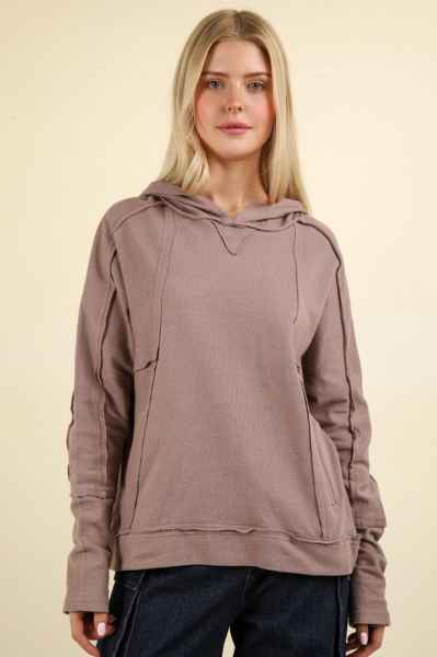 Raw Edge Cute Detailed Hoodie in Mocha - Posh West Boutique