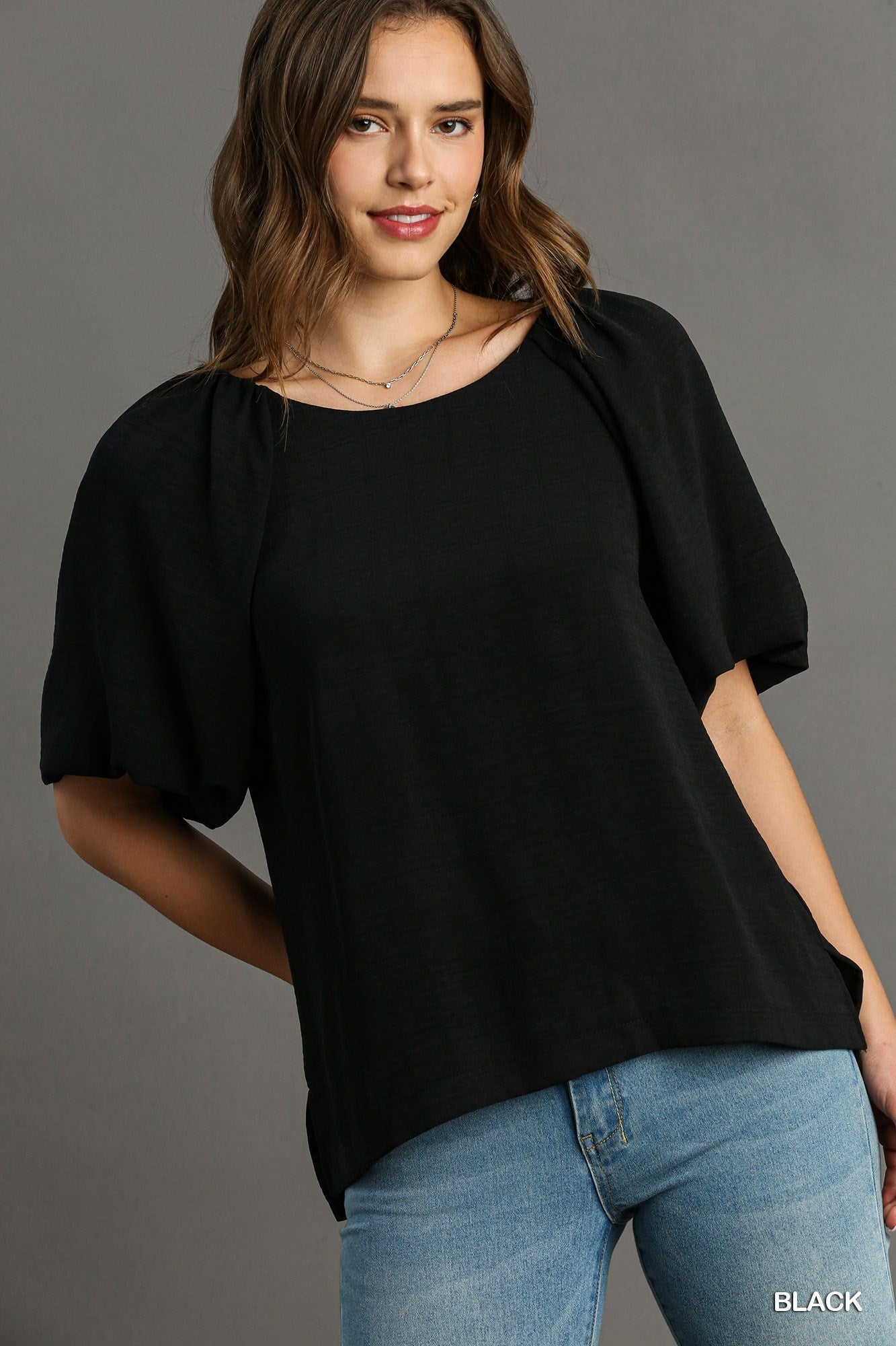 Woven Round Neck Bubble Sleeve Top w/ Side Slits - Posh West Boutique