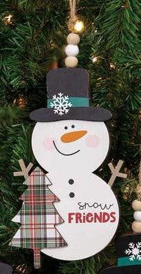 Plaid Christmas Tree Snowman Ornament