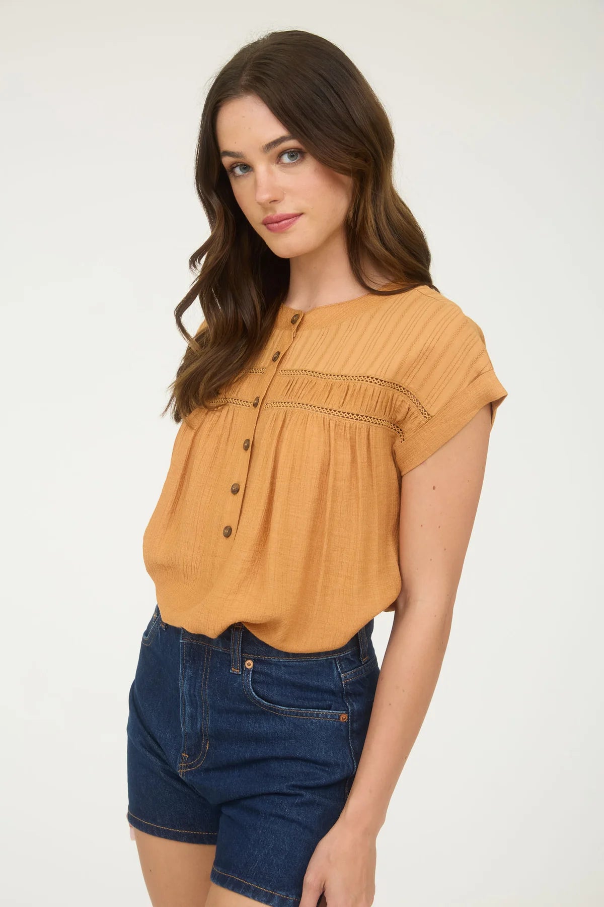 Dusty Apricot Eyelet Trim Half Button Short Sleeve Top - Posh West Boutique