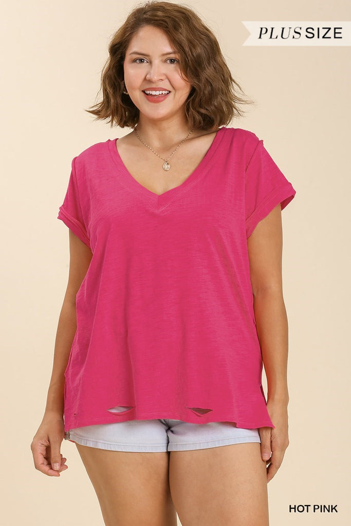 Hot Pink Short Sleeve V-Neck Distressed Hem Top - Posh West Boutique