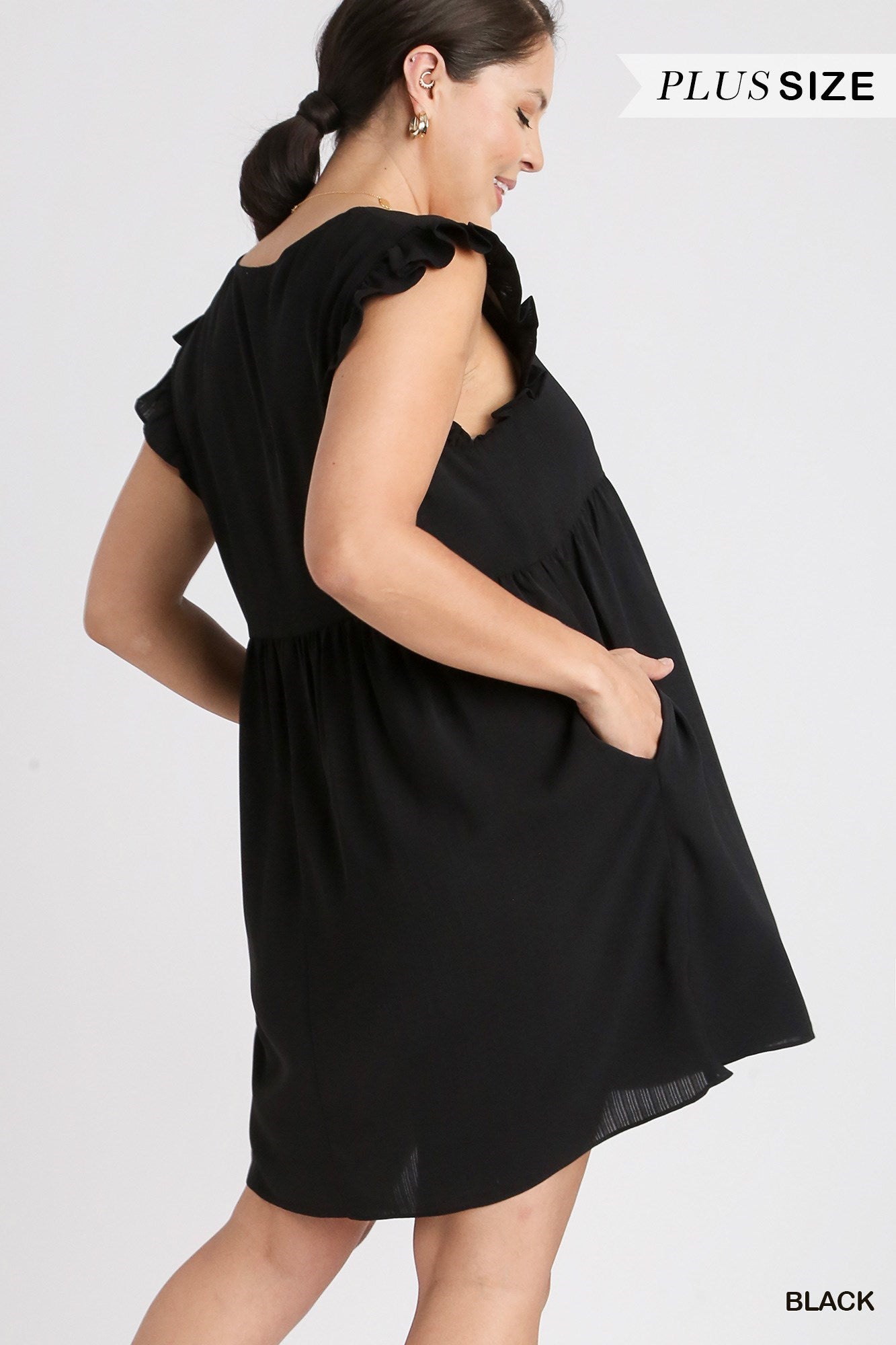 V-Neck Ruffle Sleeves Dress with Pockets Black - Posh West Boutique